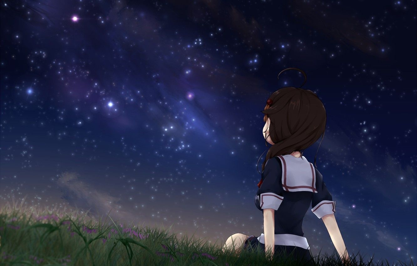 Photo Wallpaper The Sky, Night, Stars, Anime, Art, Girl Looking At The Night Sky
