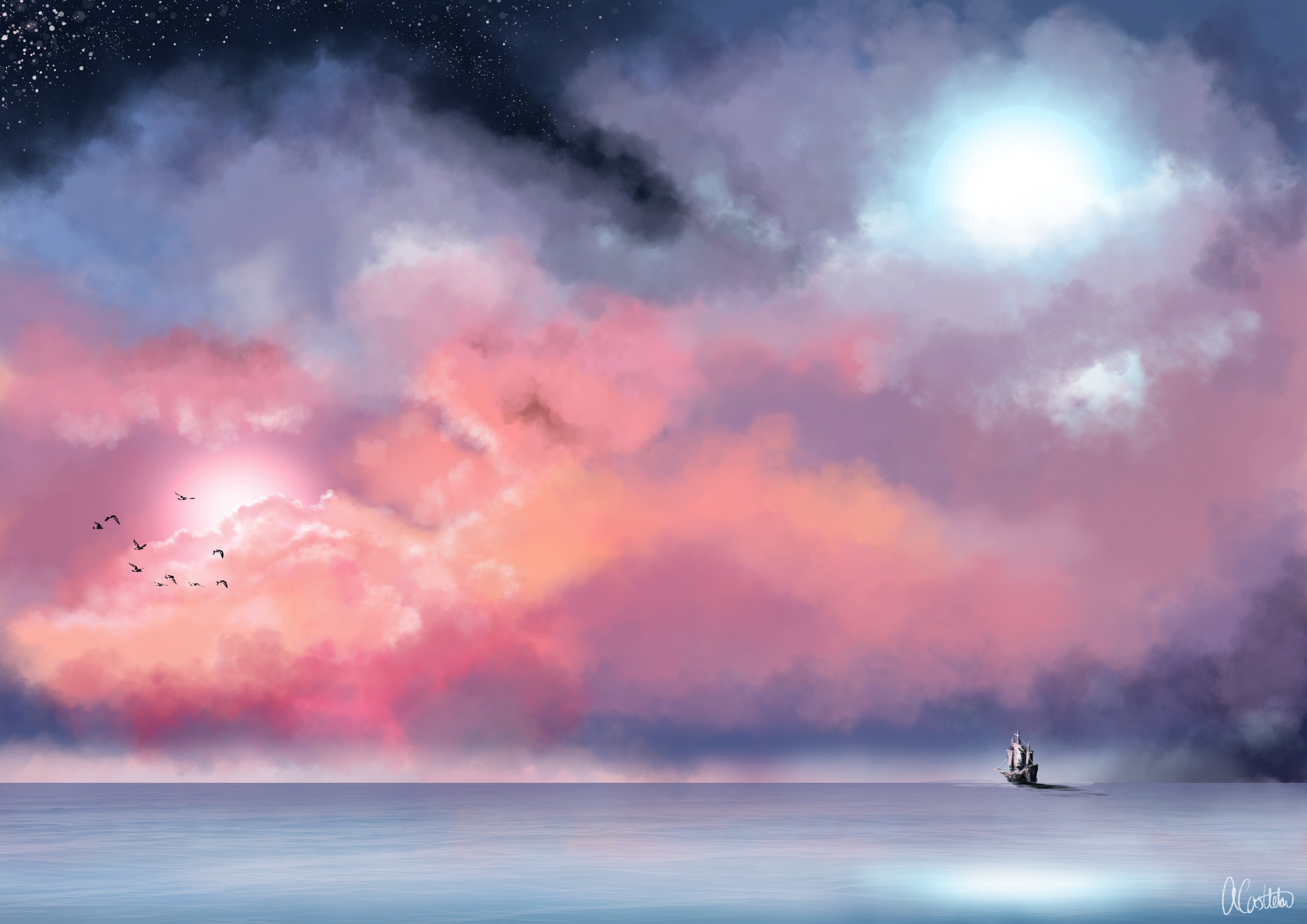 Sea mist painting sky ship fantasy .wallpaperup.com