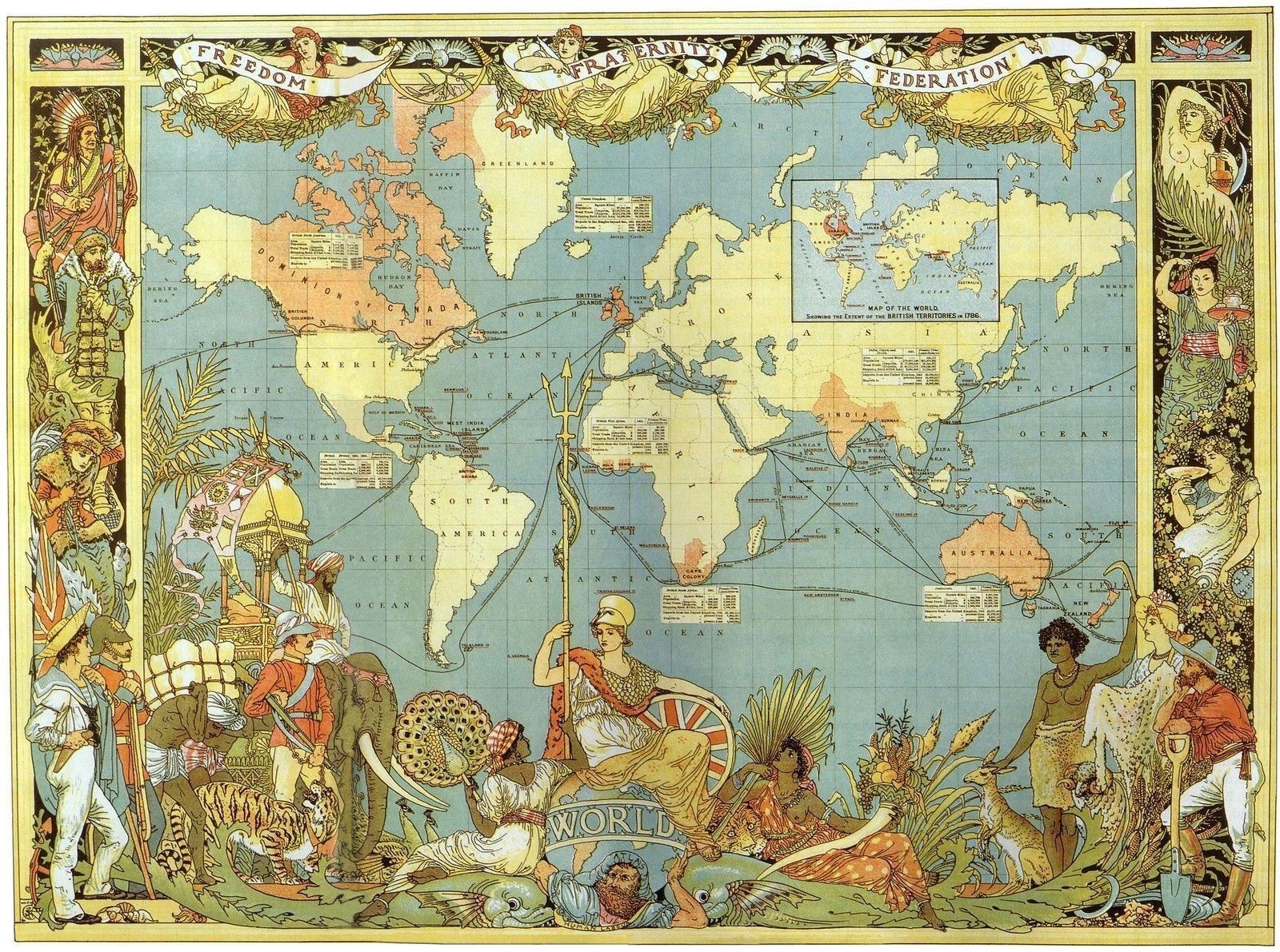 Map of The World 1886 Victorian British .es