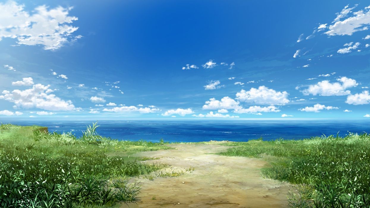 Anime sea clouds landscape grass nature .wallpaperup.com