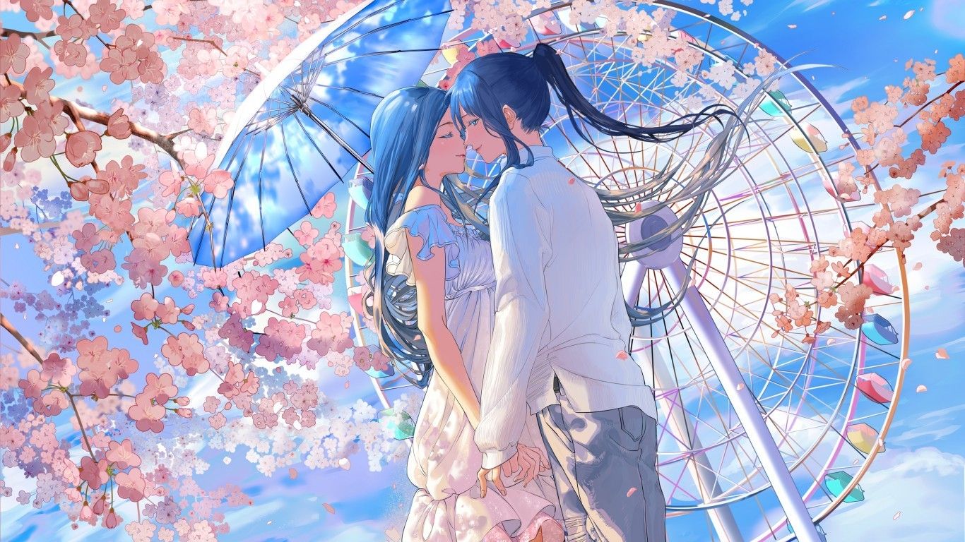 Download 1366x768 Anime Couple, Romance .wallpapermaiden.com