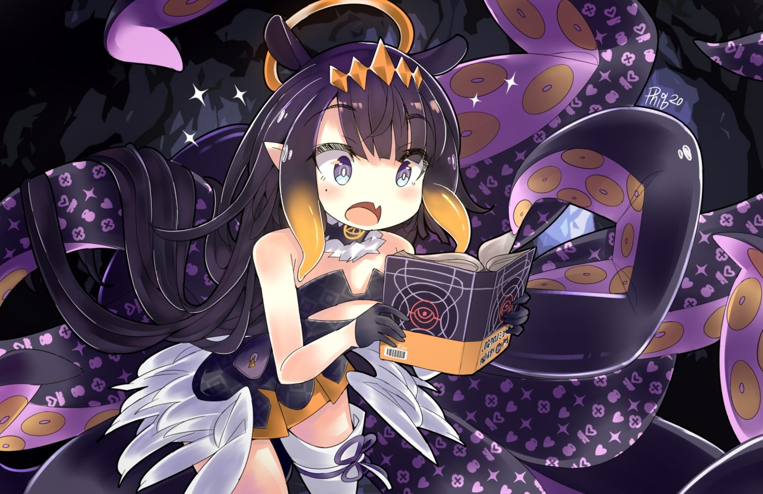blush book dress fang flat chest gloves halo hololive long hair ninomae ina'nis phibonnachee pointed ears purple eyes purple hair signed tentacles thighhighs wings zettai ryouiki. konachan.net.com Anime Wallpaper