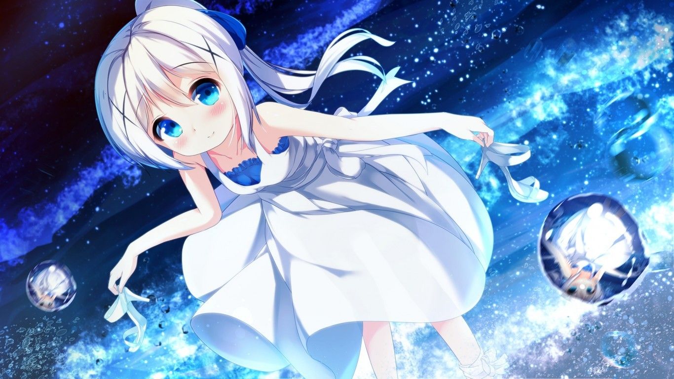 Download 1366x768 Kafuu Chino, Gochuumon Wa Usagi Desu Ka, Loli, White Hair, Blue Eyes, Bubbles Wallpaper for Laptop, Notebook