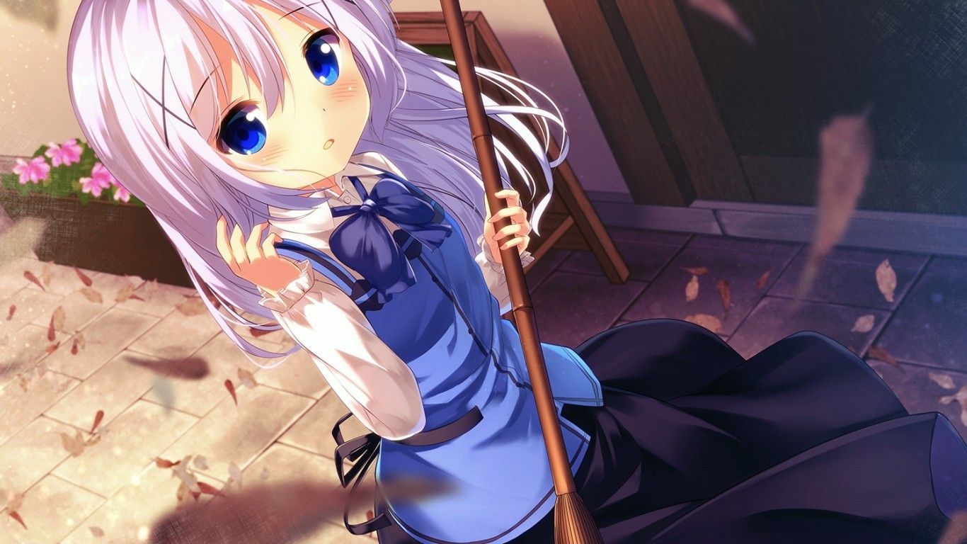 Download 1366x768 Kafuu Chino, Gochuumon Wa Usagi Desu Ka, White Hair Wallpaper for Laptop, Notebook