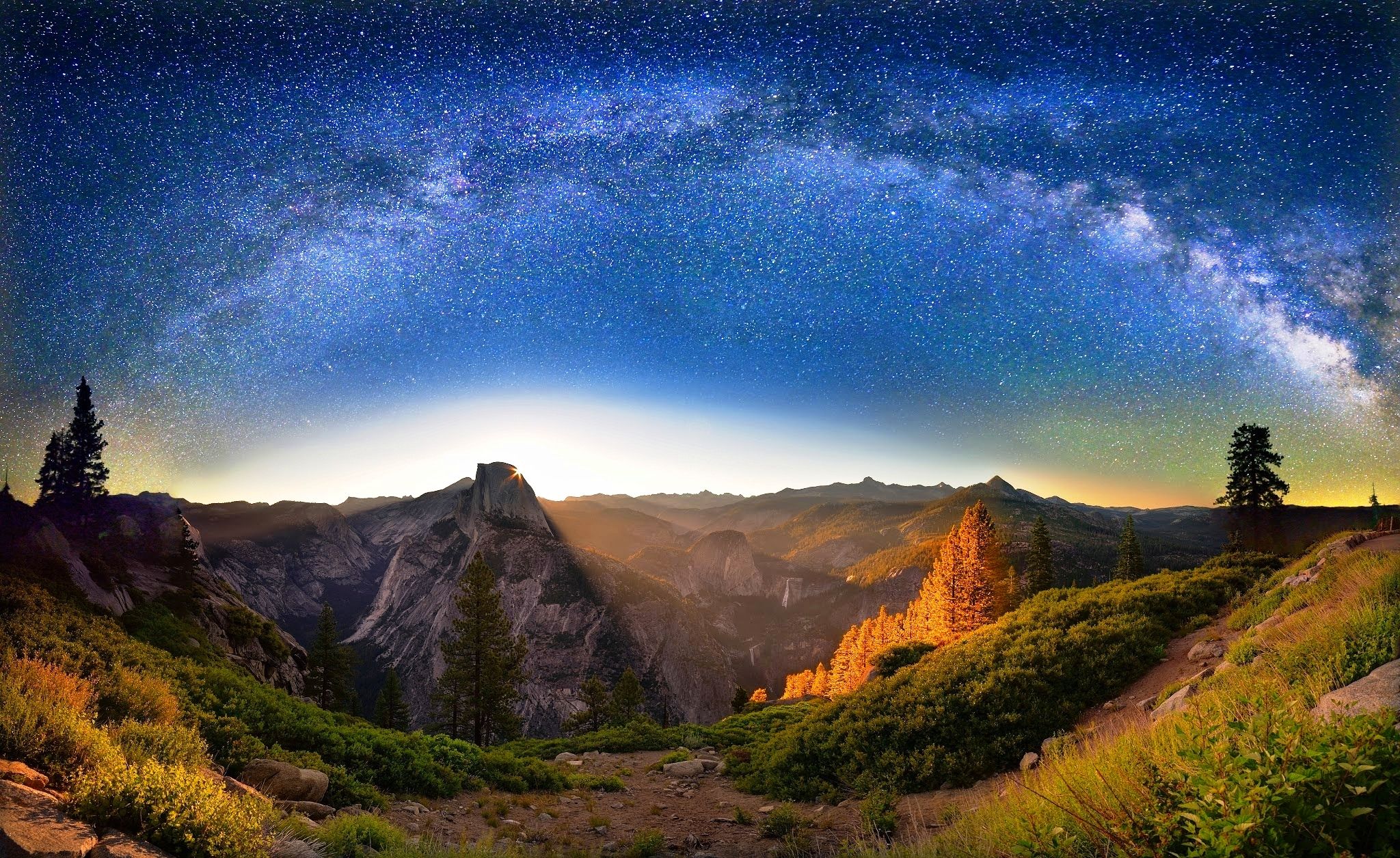 galaxy, stars, milky way, beautiful, forest, mountains, sky, universe, grass, Yosemite National Park, sunrise wallpaper