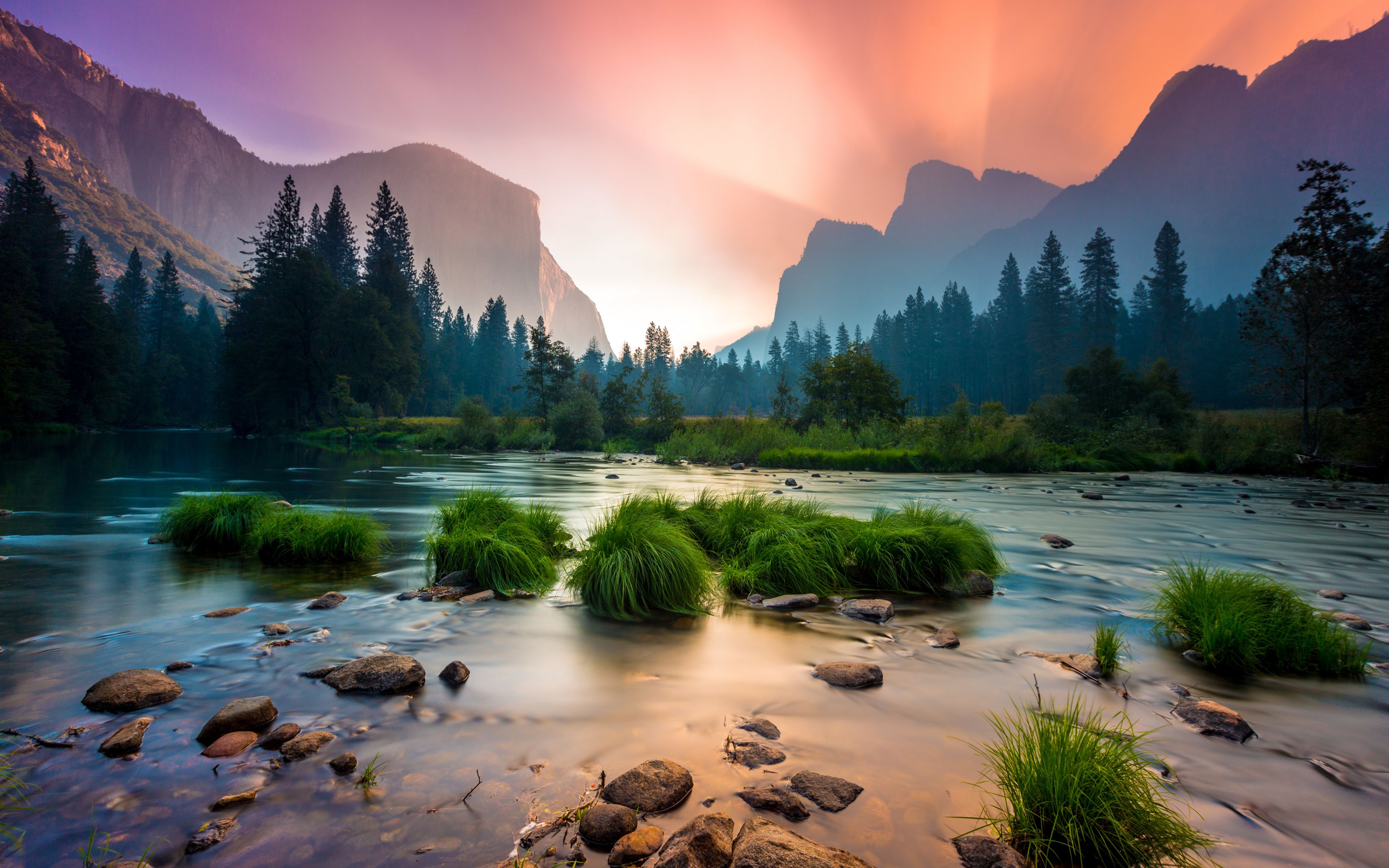 Download Sunrise, Yosemite National Park, stream, mountains wallpaper, 3840x 4K Ultra HD 16: Widescreen
