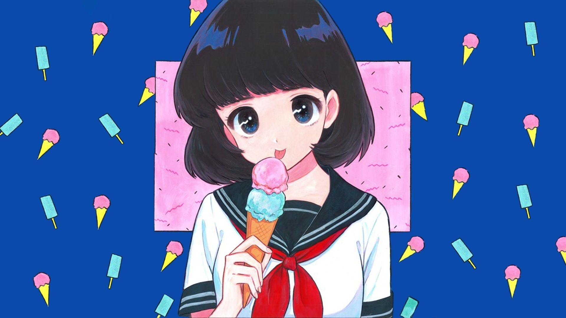 Desktop wallpaper ice cream, cone, cute, anime girl, HD image, picture, background, 0f667d