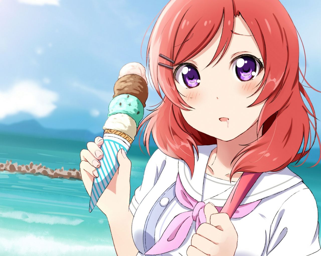 Desktop Wallpaper Maki Nishikino Eating Ice Cream, Red Head Anime Girl, HD Image, Picture, Background, B3w8f