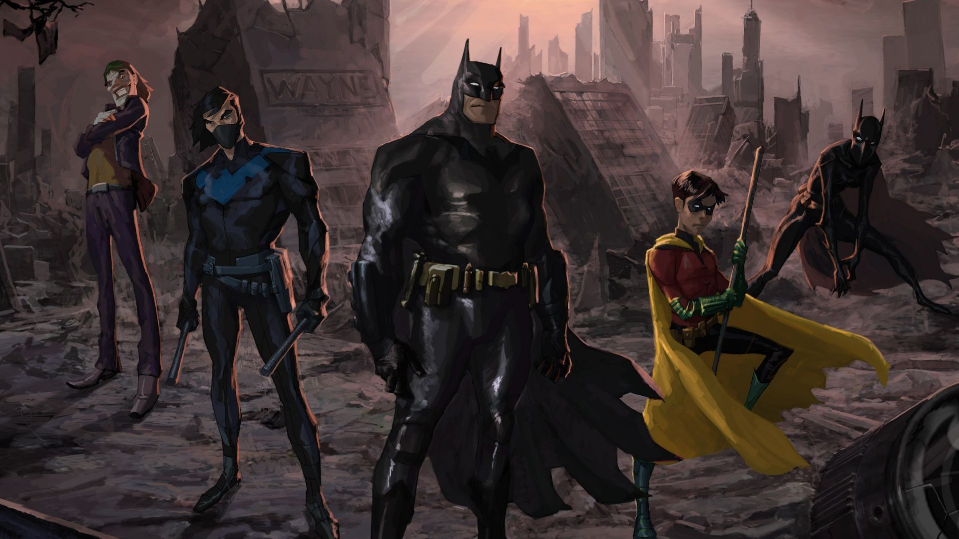 Desktop wallpaper batman and his team, robin, falcon, artwork, HD image, picture, background, 8452bc