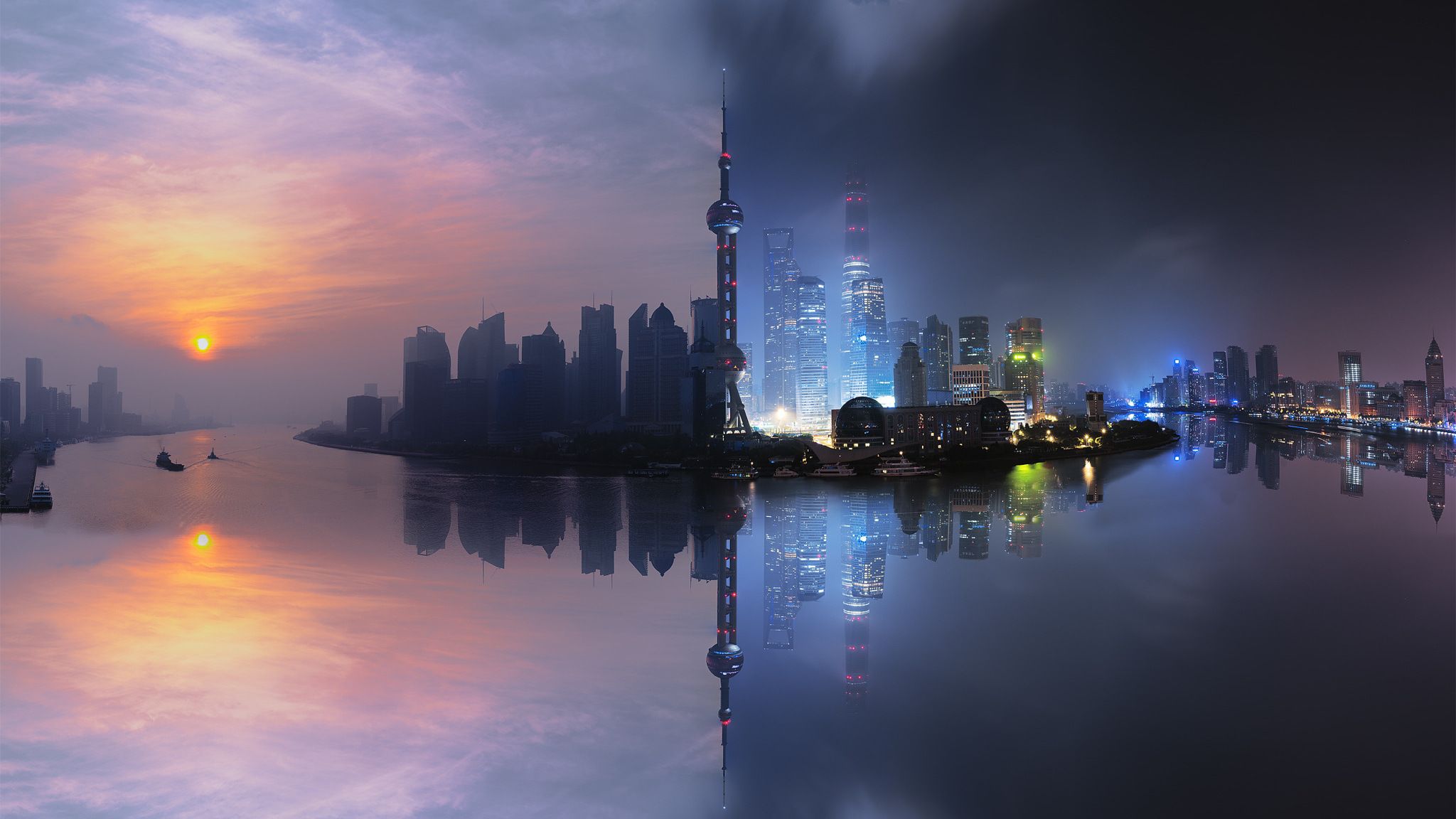 Shangai Day Night 2048x1152 Resolution HD 4k Wallpaper, Image, Background, Photo and Picture