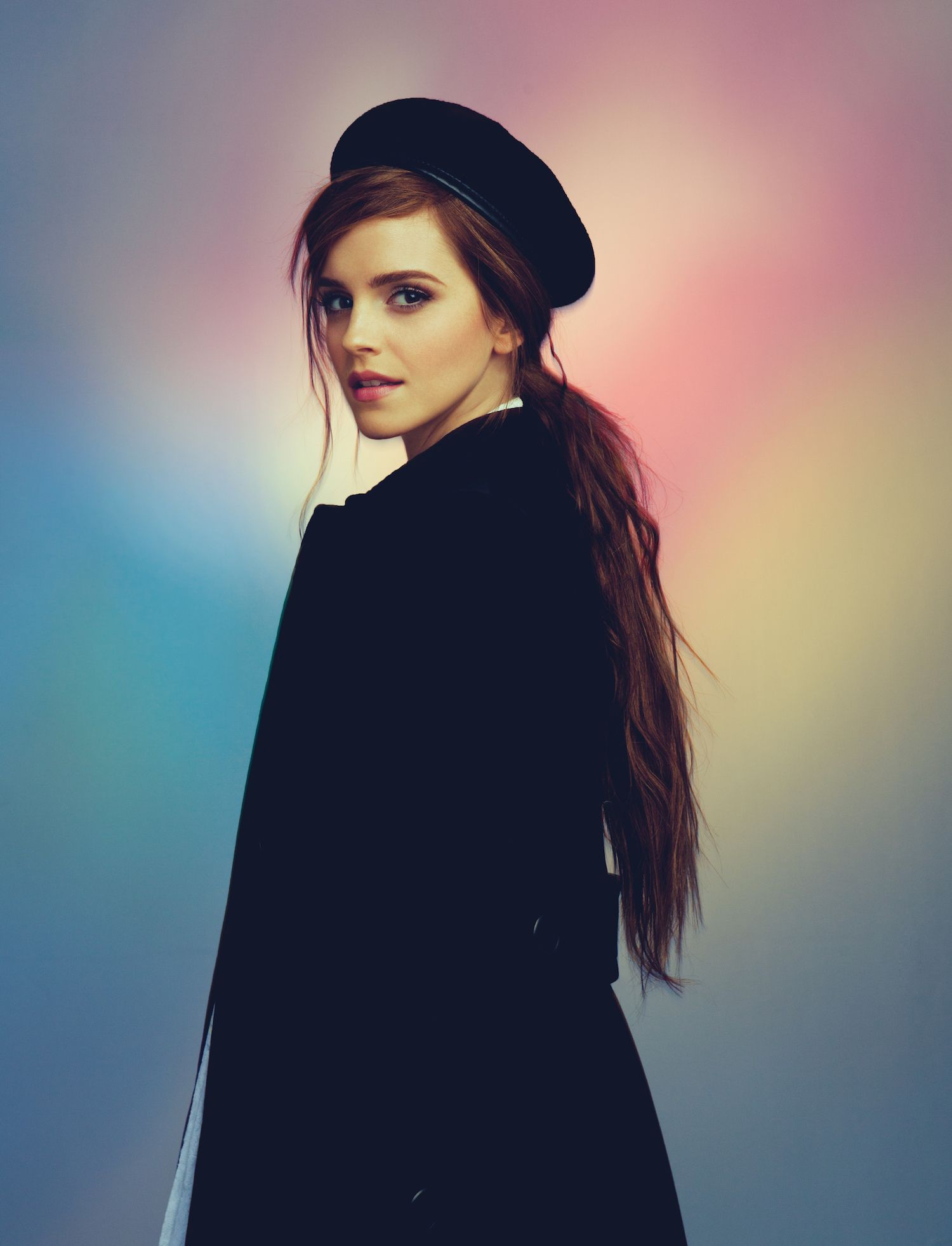 Emma Watson Women Actress British Brunette Young Woman Long Hair Hat Gradient Wallpaper:1500x1963