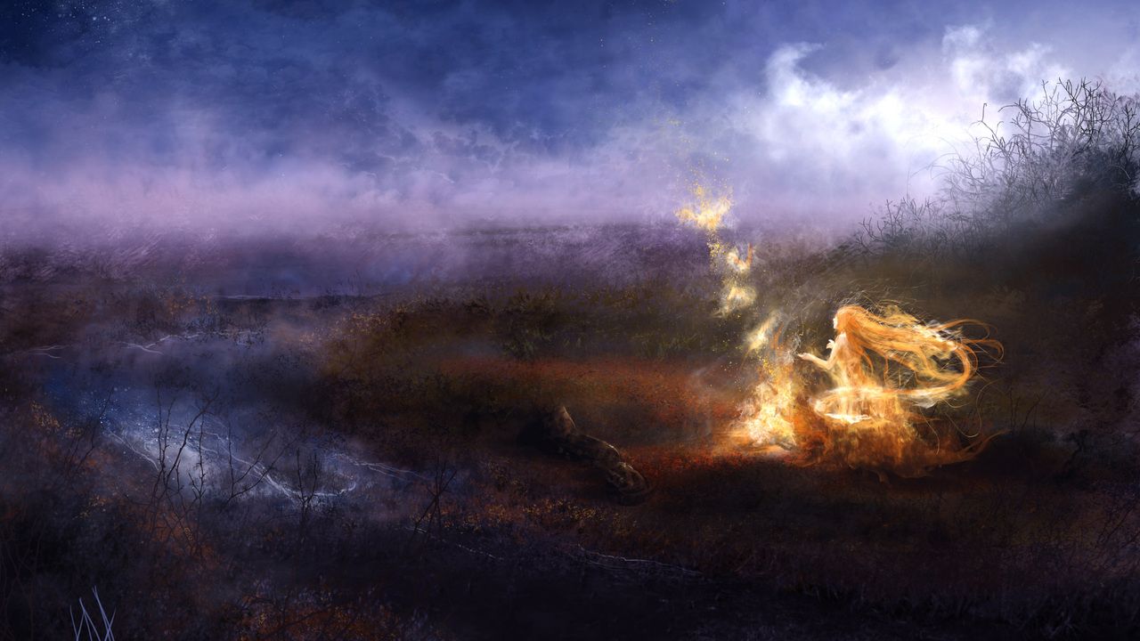river, fog, fire, girl, magic, night, art desktop wallpaper 2482