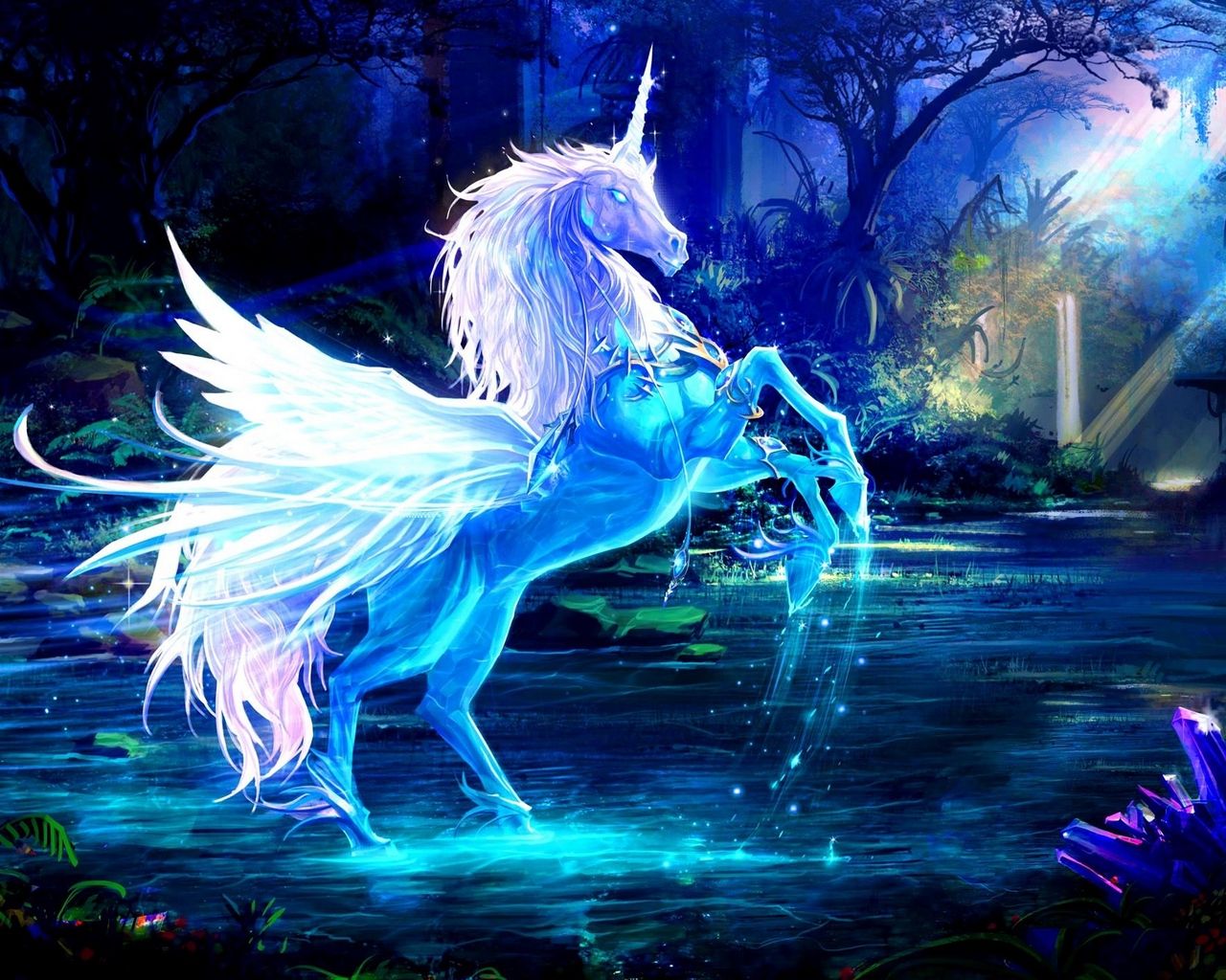 Wallpaper Unicorn, Water, Forest, Night, Magic