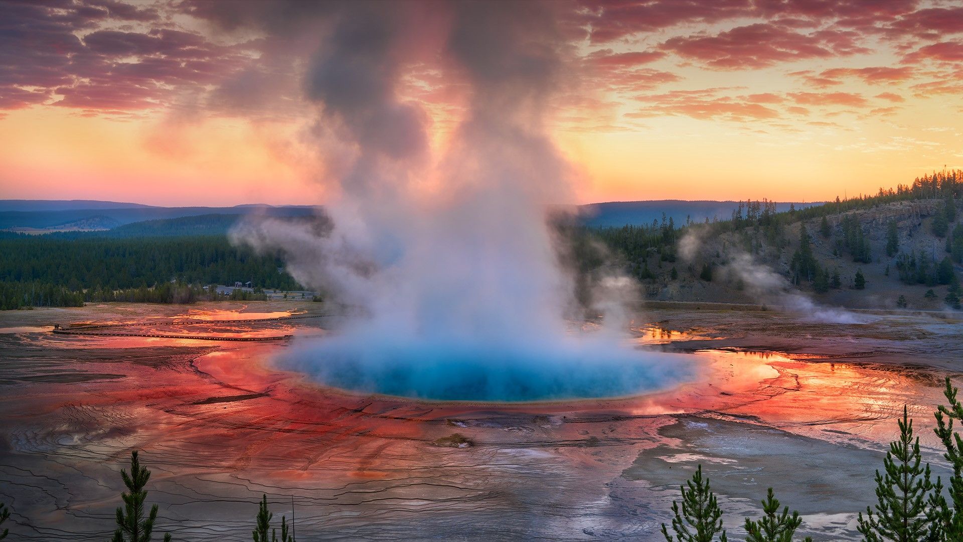 Nature Landscape Sunset Trees Forest Mountains Grand Prismatic Spring Yellowstone National Park USA Wallpaper:1920x1080