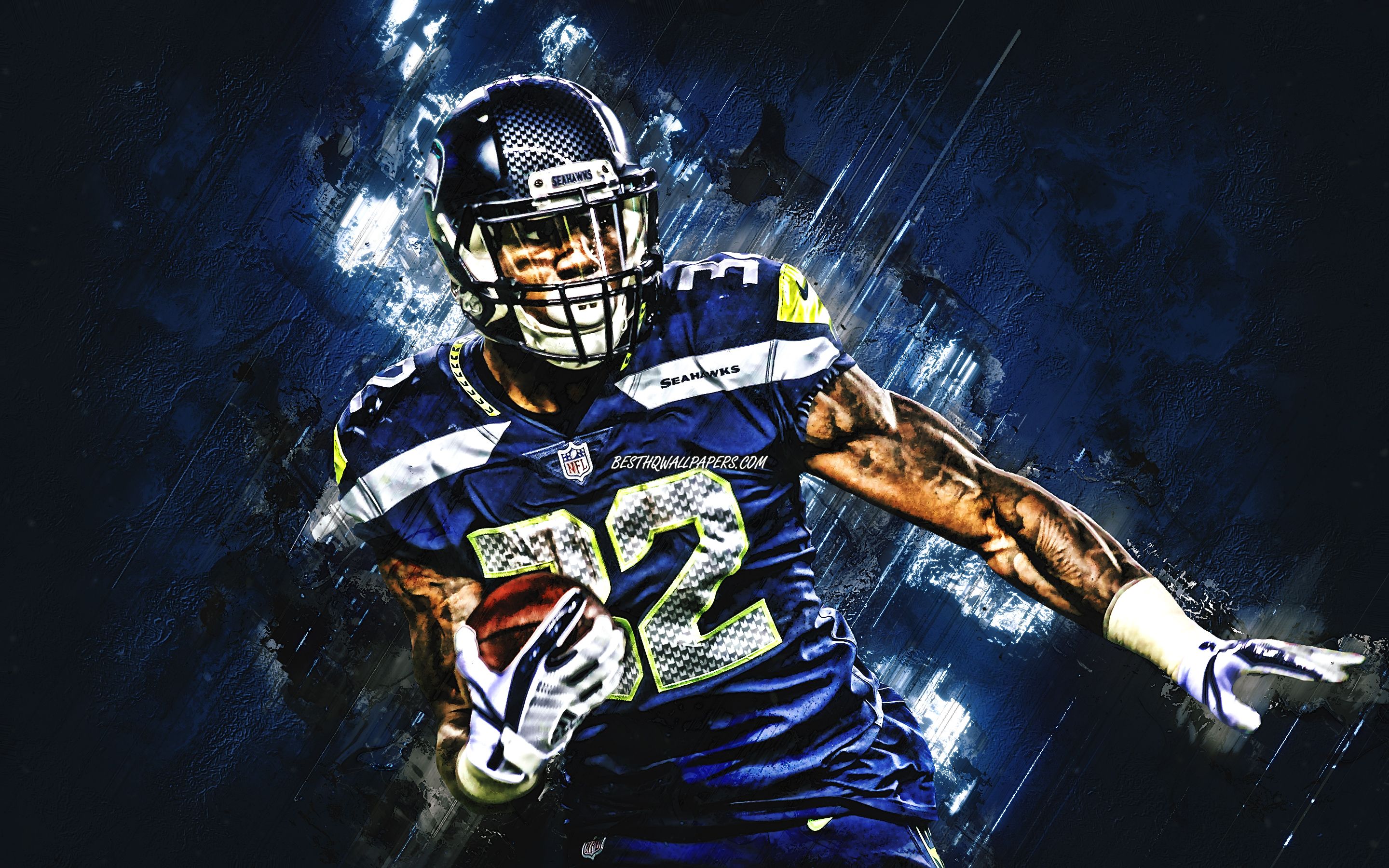 Download wallpaper Chris Carson, Seattle Seahawks, American football, portrait, blue stone background, NFL, USA, Christopher Dewayne Carson for desktop with resolution 2880x1800. High Quality HD picture wallpaper