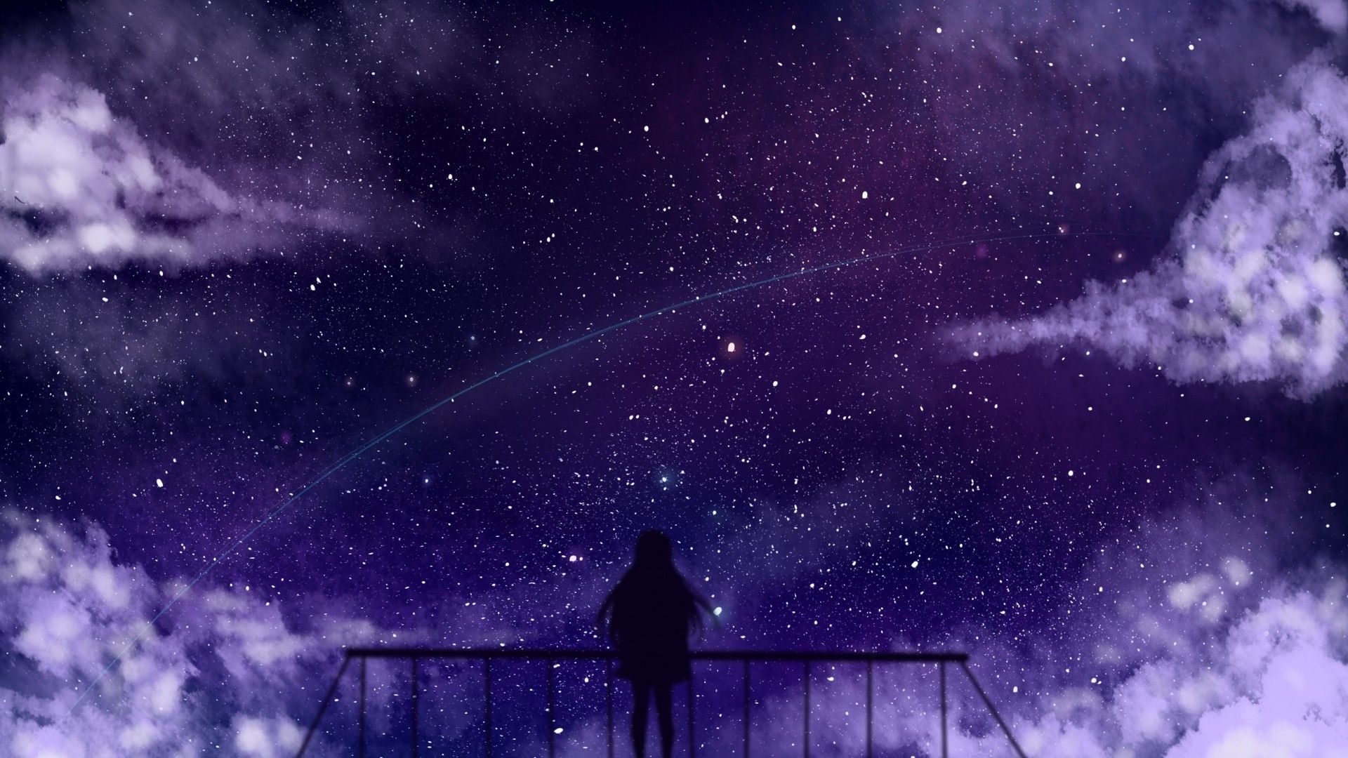 Download 1920x1080 Anime Girl, Silhouette, Stars, Falling Star, Clouds Wallpaper for Widescreen
