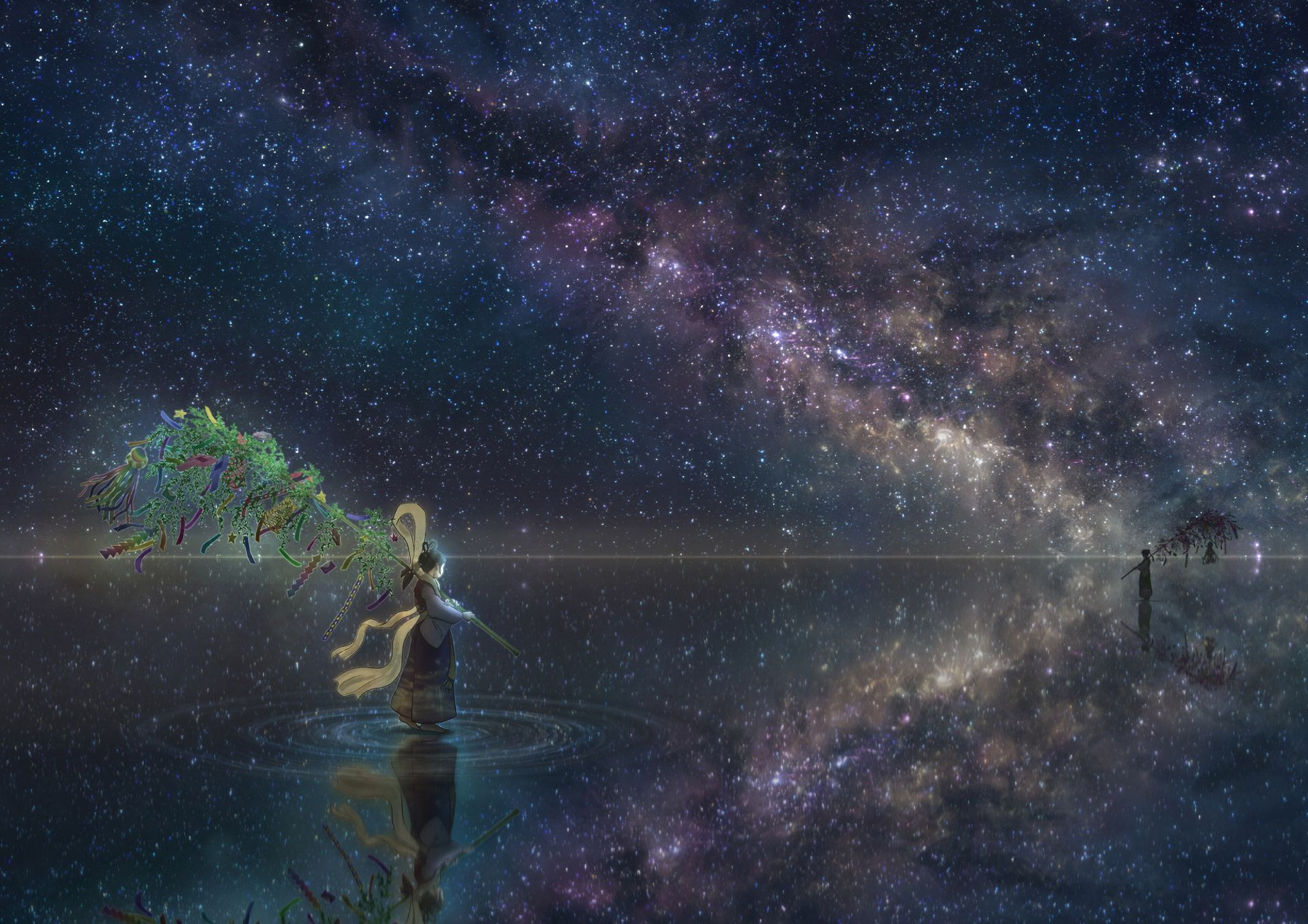 Anime Girl Horizon Night Reflection Stars Wallpaper