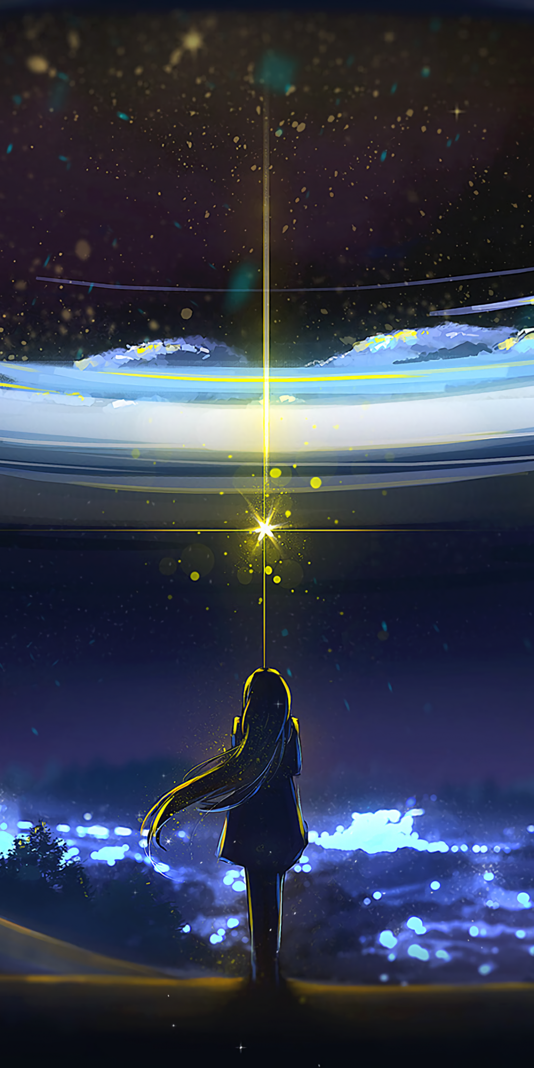 Download 1080x2160 Anime Girl, Magic, Night, Stars, Back View, Bokeh Wallpaper for Huawei Mate 10