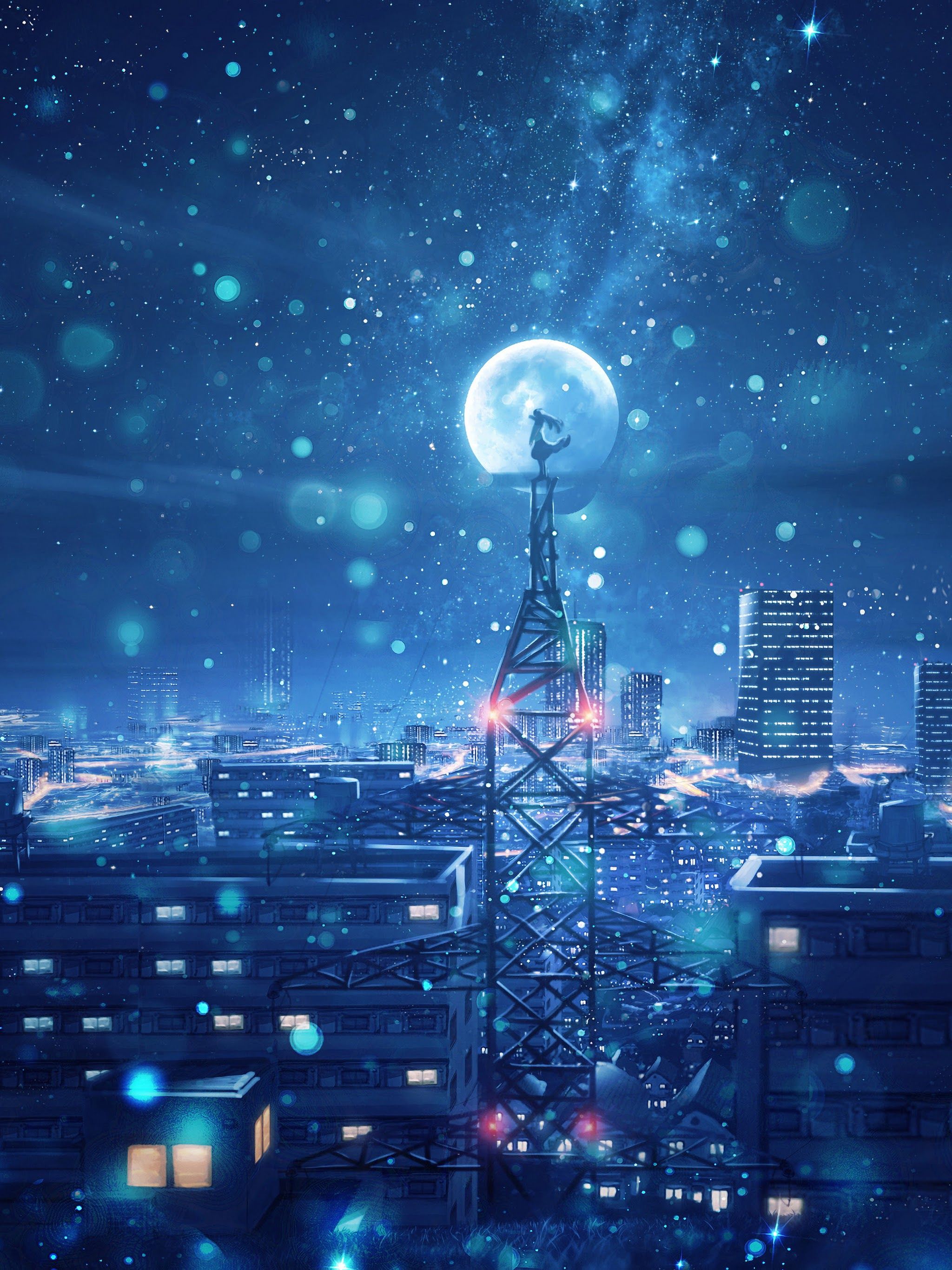 Night, Sky, City, Stars, Anime, Scenery, 4k, Anime Scenery Background Wallpaper & Background Download