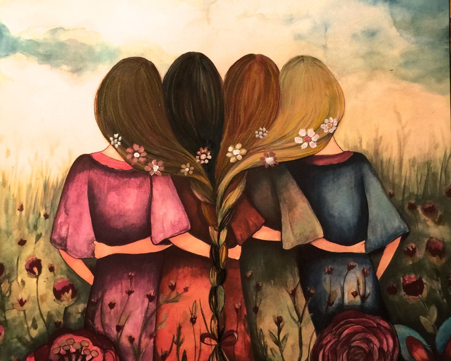 The four sisters best friendsbridesmaids present art print. Etsy. Drawings of friends, Sisters art, Bff drawings