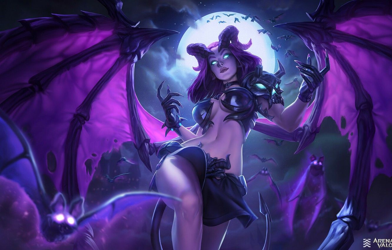 Wallpaper the moon, Girl, Girl, Wings, Moon, Fantasy, Art, Art, Queen of the Night, Night, Fiction, Woman, Character, Succubus, Wings, Game Art image for desktop, section фантастика