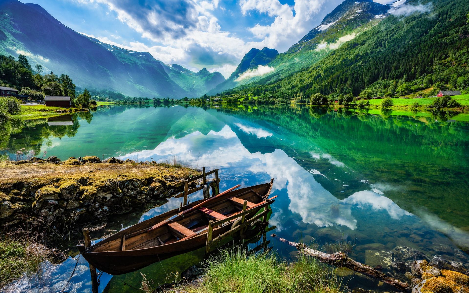 Download wallpaper mountain lake, hdr, glacial lake, spring, mountain landscape, wooden boat on the lake, Norway for desktop with resolution 1920x1200. High Quality HD picture wallpaper