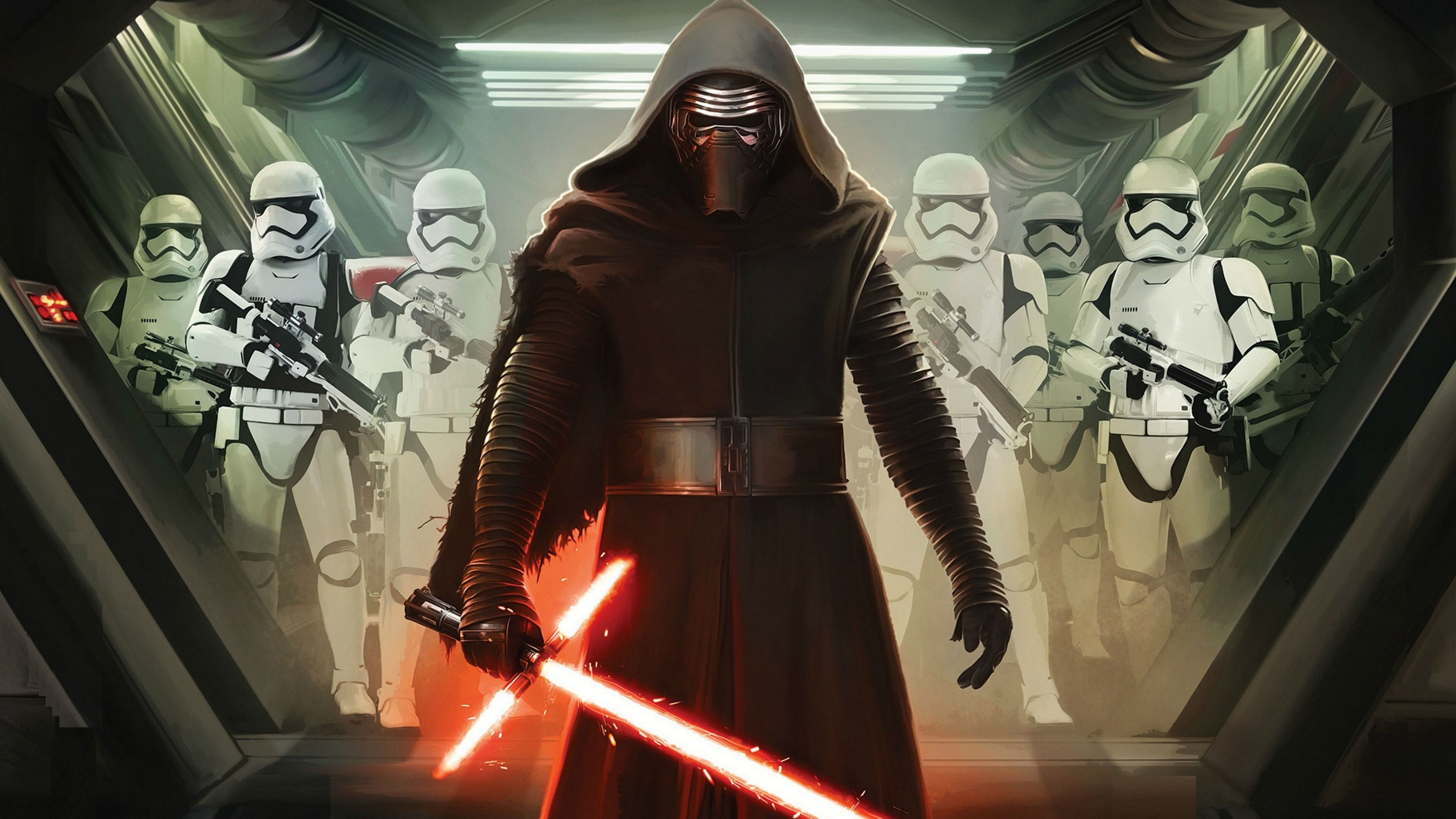 Download 3840x2160 Star Wars Episode VII: The Force Awakens, Kylo Ren, Stormtrooper, Lightsaber wallpaper