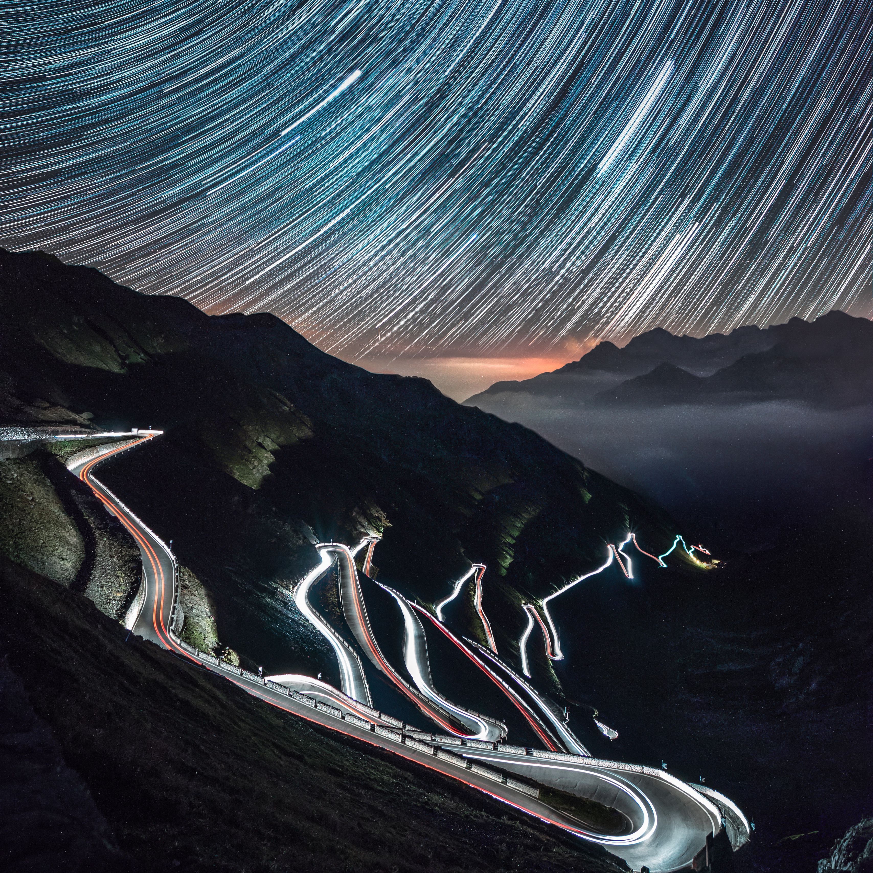 Download Wallpaper 3415x3415 High Altitude Road, Night, Light, Stelvio, Italy Ipad Pro 12.9 Retina For Parallax HD Background