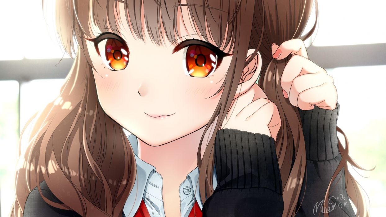 Anime Girl Brown Hair Smiling Close Up Original Anime HD Wallpaper