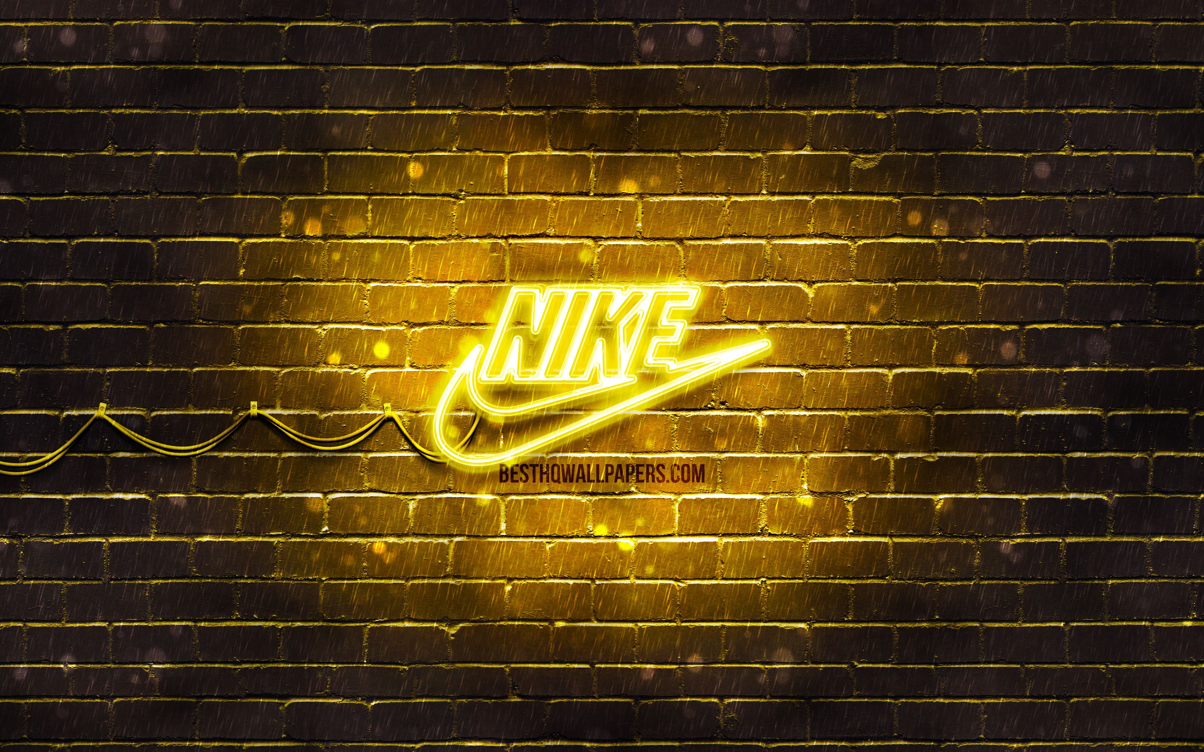 Download wallpaper Nike yellow logo, 4k, yellow brickwall, Nike logo, sports brands, Nike neon logo, Nike for desktop with resolution 3840x2400. High Quality HD picture wallpaper