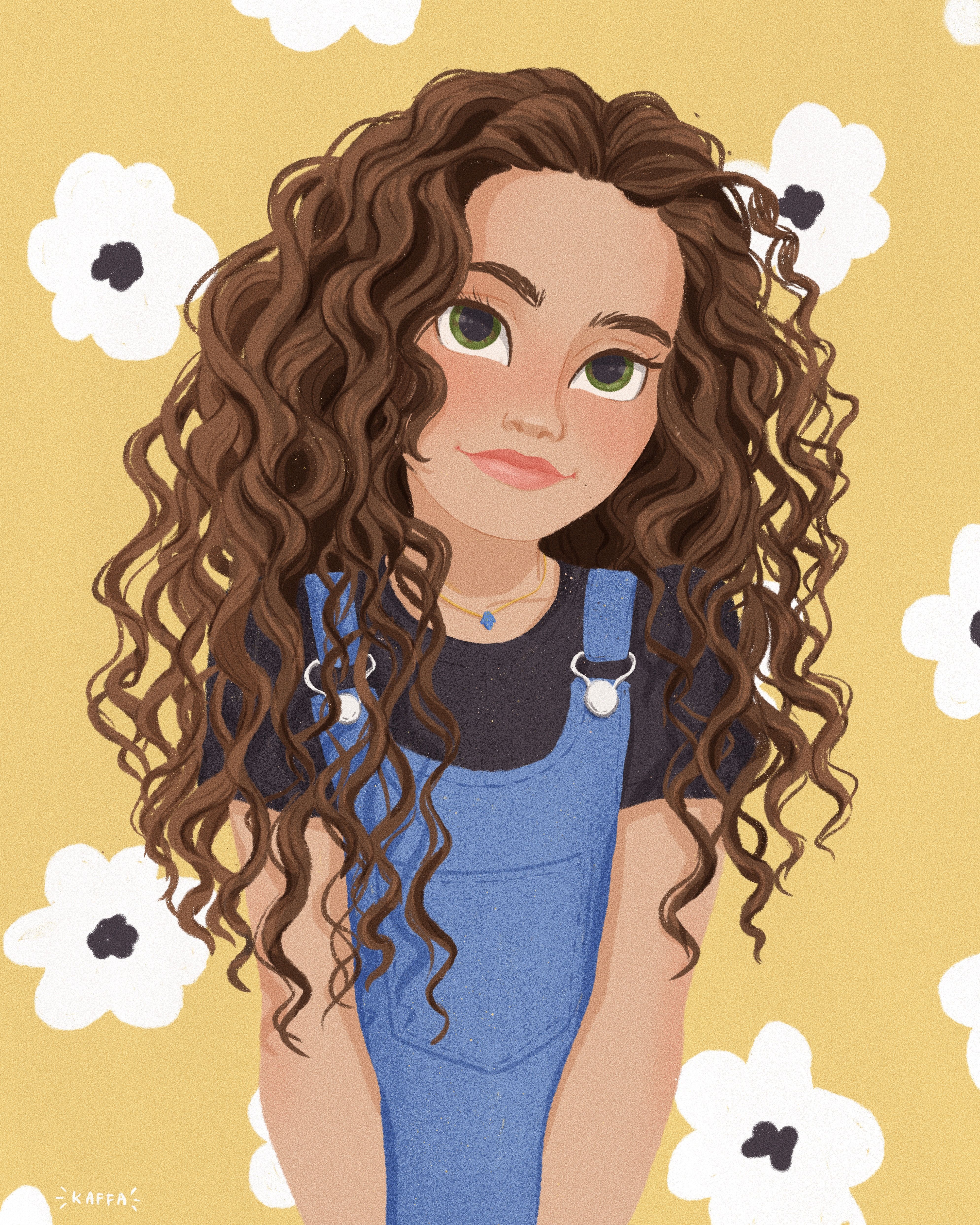 Anime girl, curly hair, blue themed clothes, cute, kawaii, clean lines in  drawing, brown eyes, hair anime girl drawing - thirstymag.com