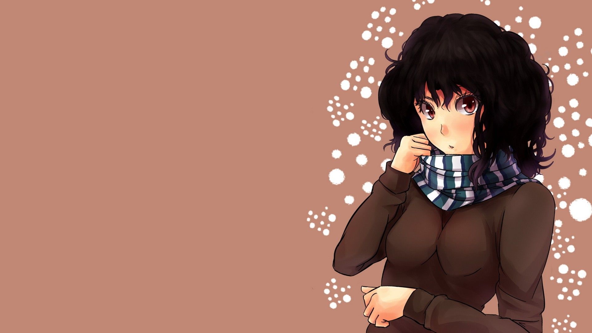 red eyes, short hair, Amagami SS, curly hair, dots, Tanamachi Kaoru, scarf, simple background, anime girls, striped clothing, brown background, black hair wallpaper