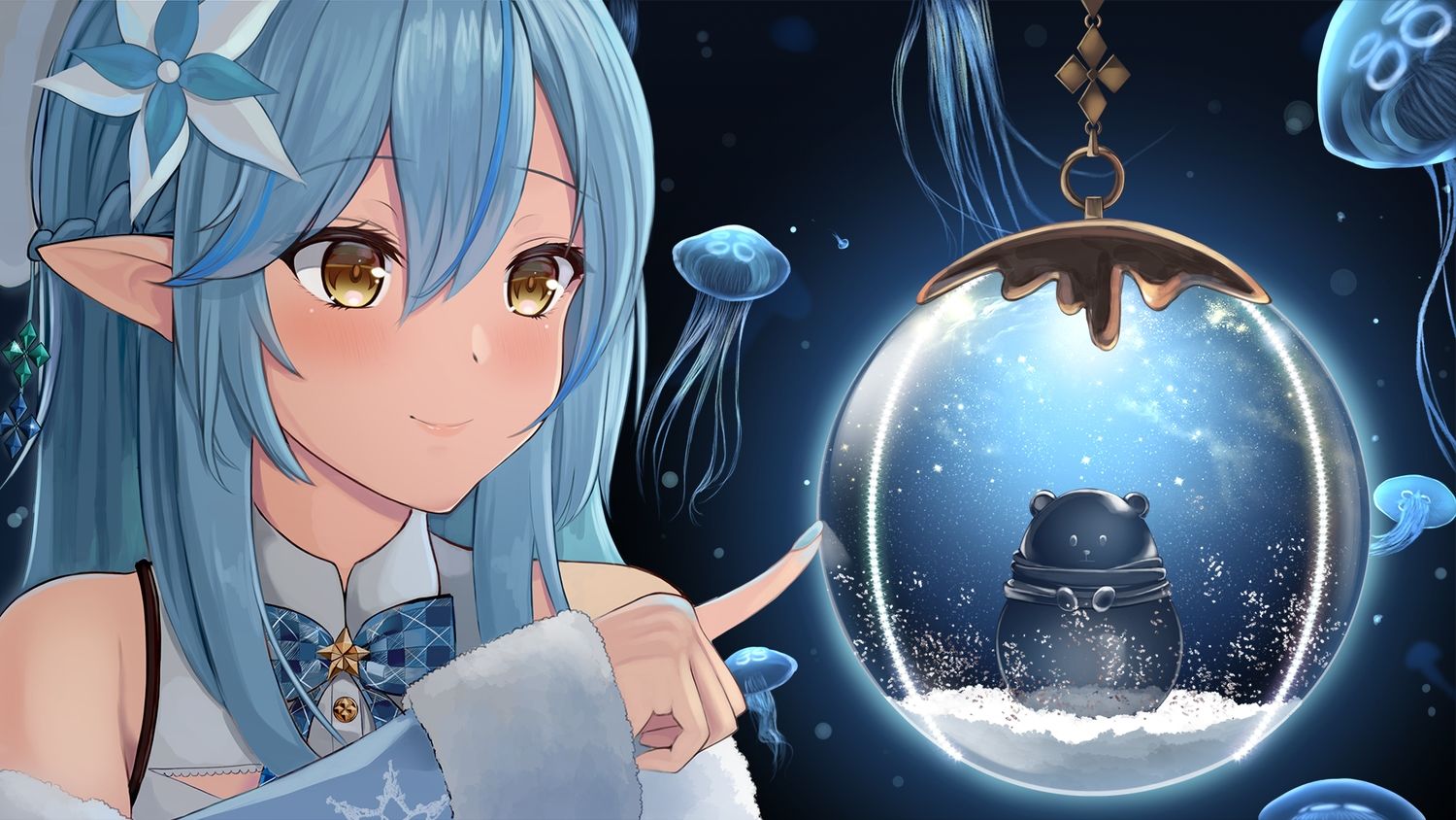 animal blue hair bow braids close hololive pointed ears shaketarako snow yellow eyes yukihana lamy. konachan.com.com Anime Wallpaper