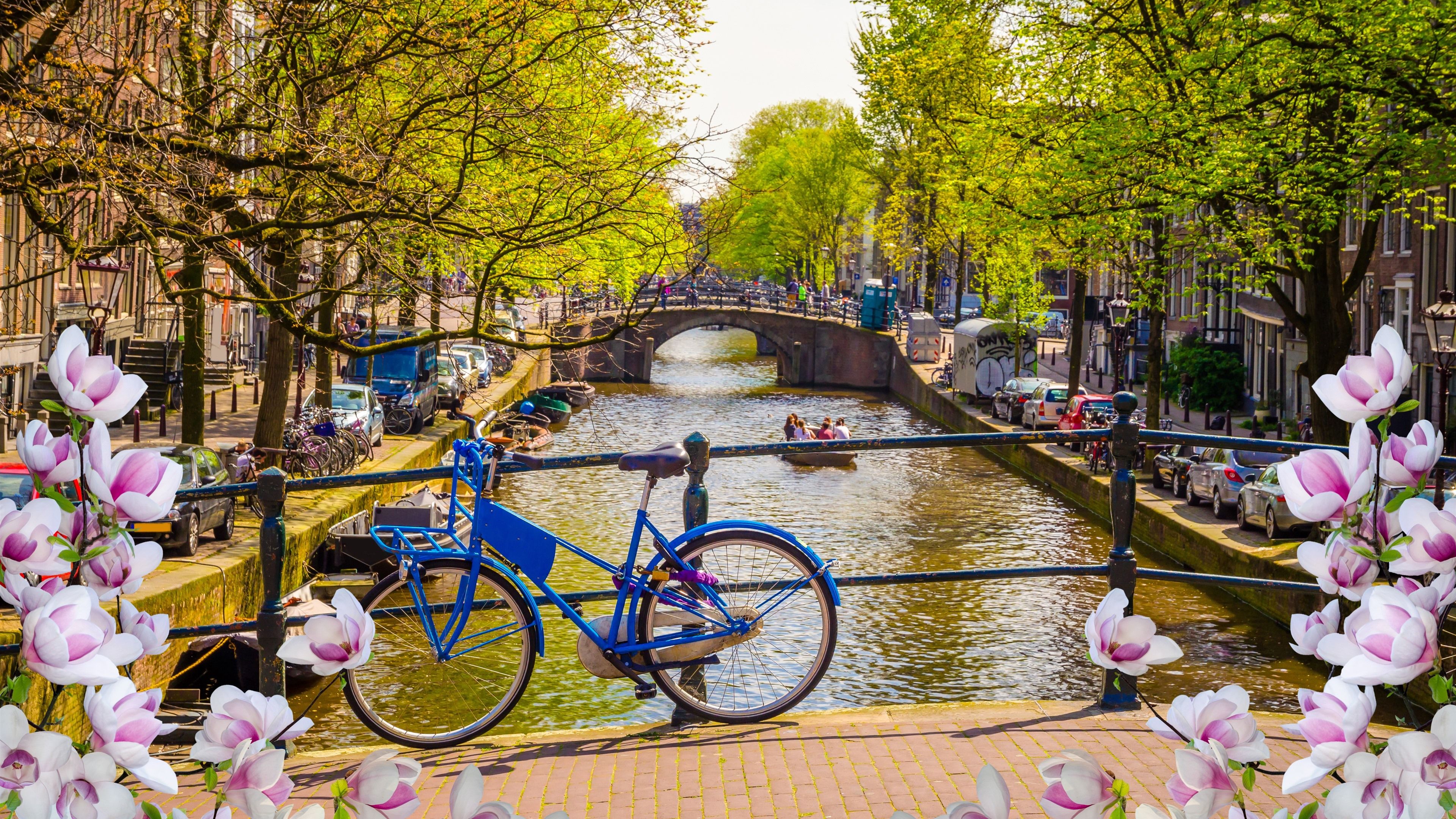 Wallpaper Netherlands, Amsterdam, flowers, bridge, bike, city, river, spring 3840x2160 UHD 4K Picture, Image