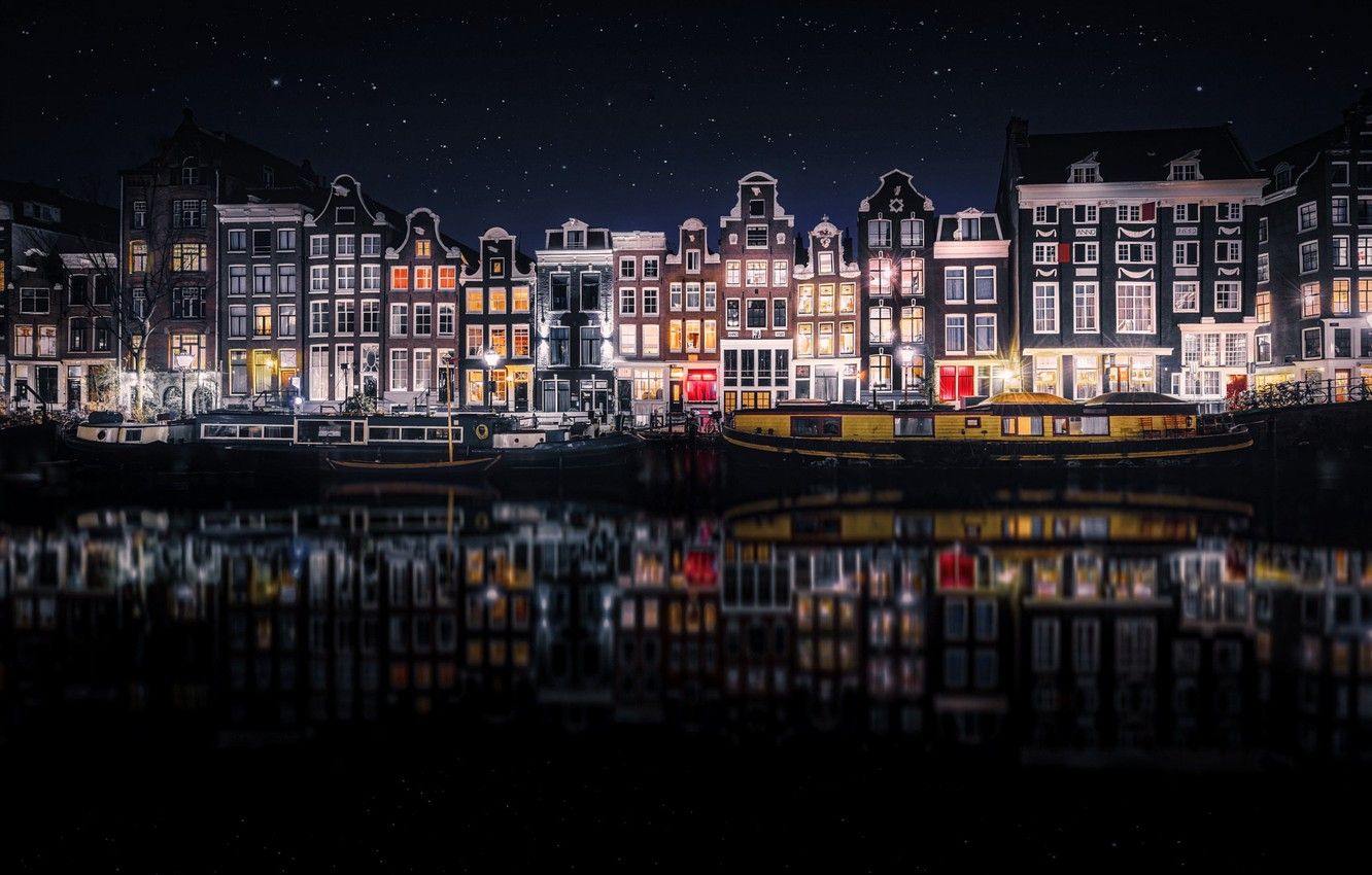 Wallpaper reflection, night, the city, home, Amsterdam, Netherlands image for desktop, section город
