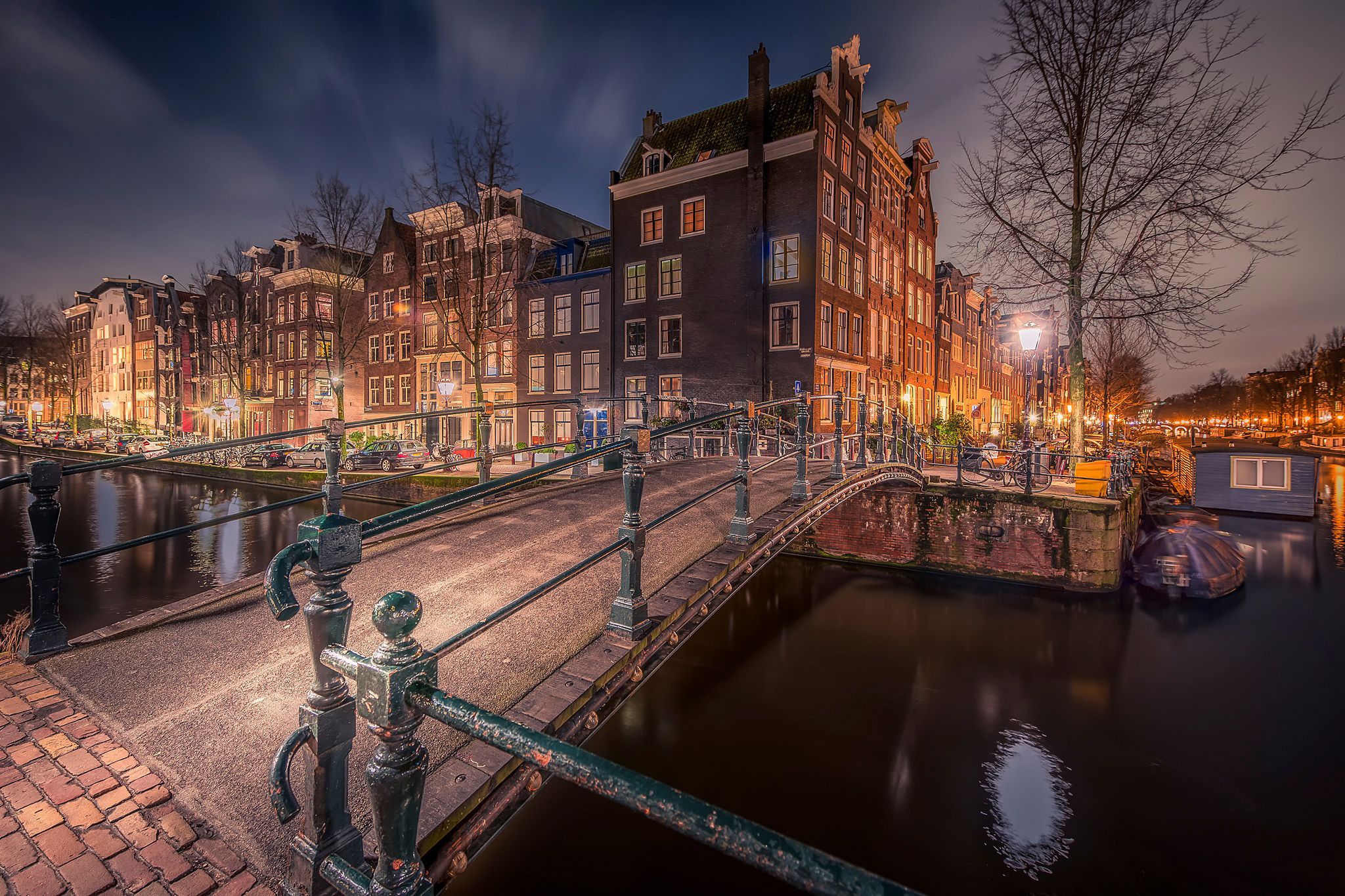 nature, bridge, Amsterdam, night, lights, city, city lights, river, houses wallpaper