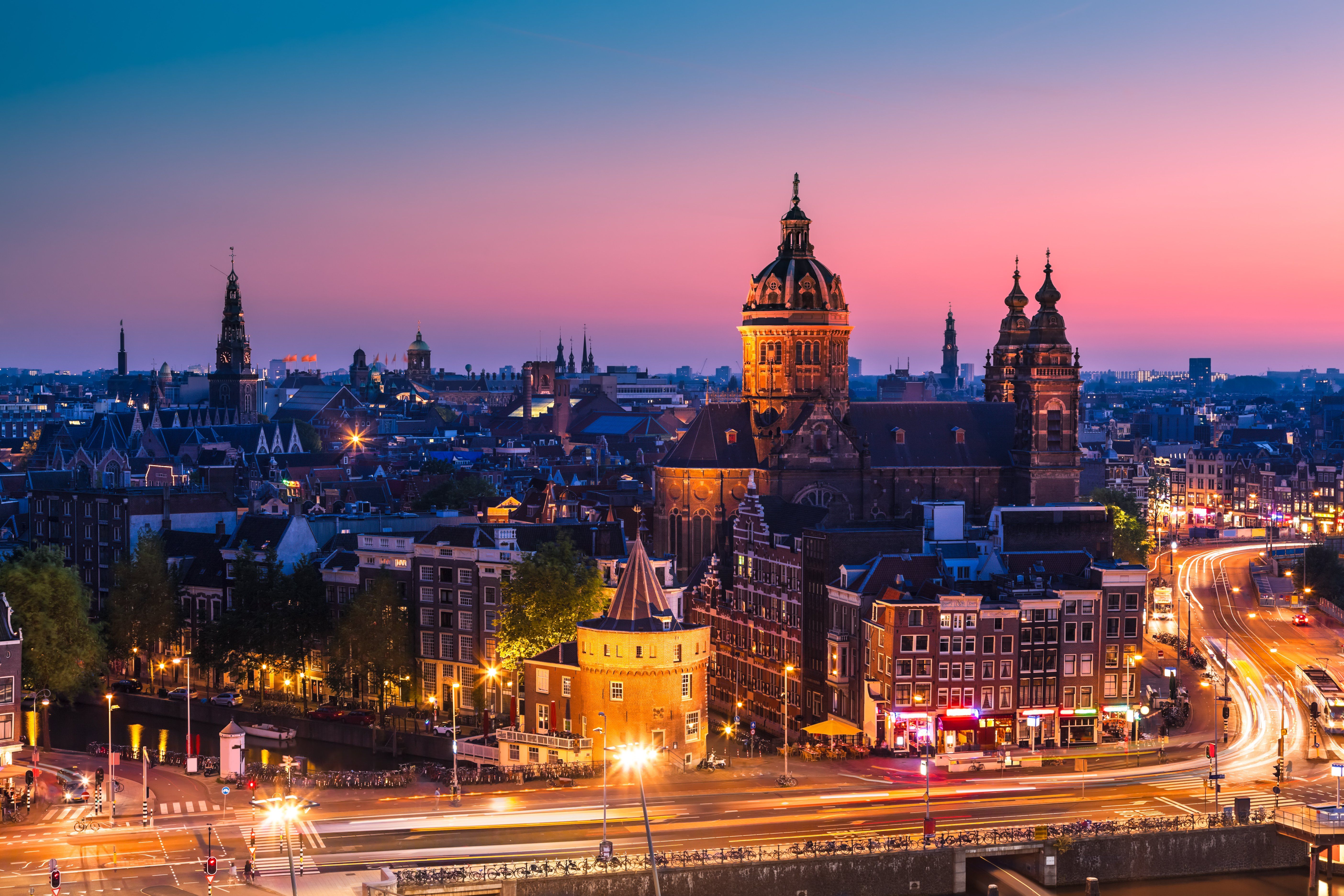 amsterdam, Nederland, Amsterdam, Netherlands, City, Night, Sunset, Home, Church, Cathedral, Buildings, Roofs, Roads, Cars, Street, Lights, Exposure Wallpaper HD / Desktop and Mobile Background