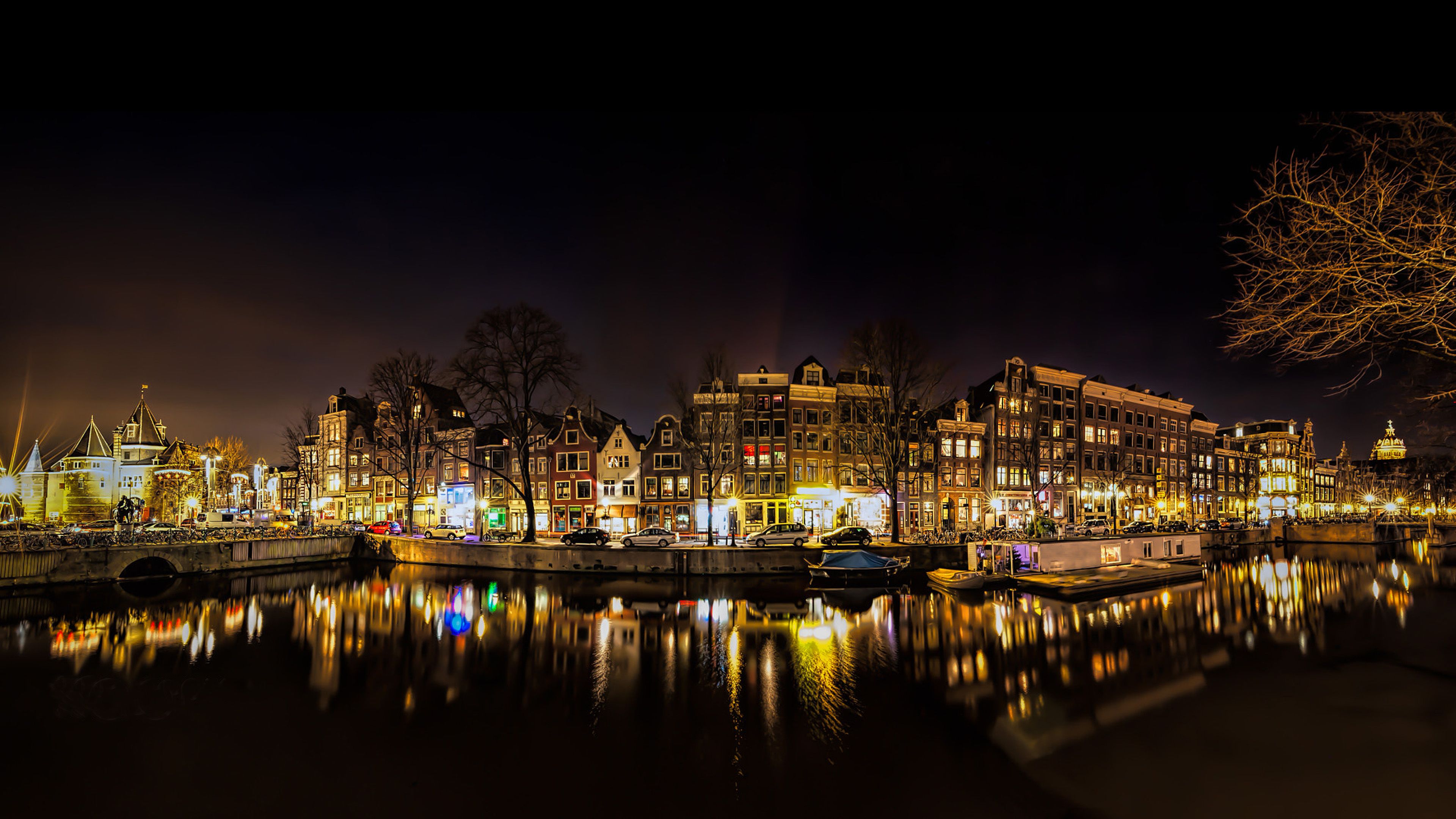 Amsterdam Canal Night Time Amstel River In The Netherlands Europe 4k Ultra HD Desktop Wallpaper For Computers Laptop Tablet, Wallpaper13.com