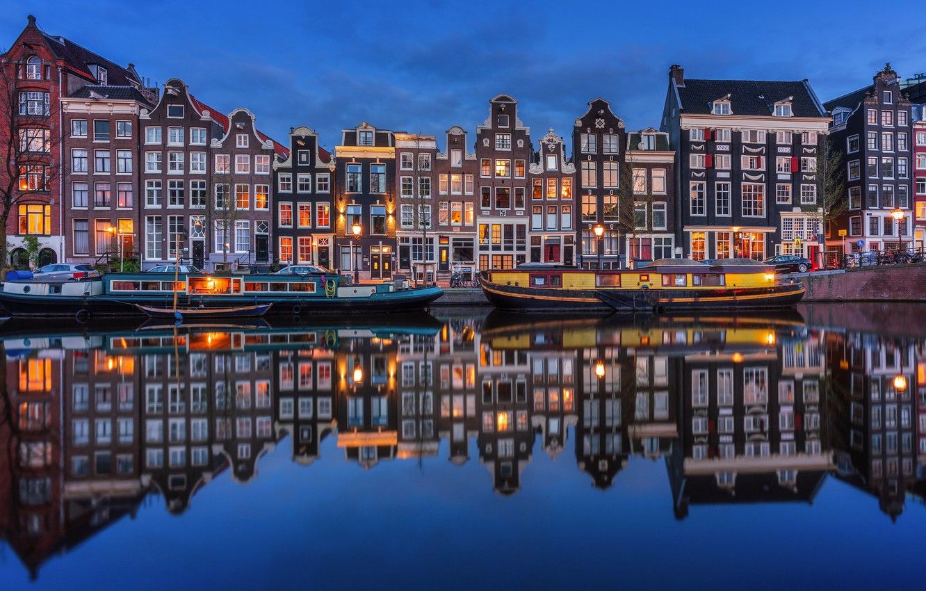 Wallpaper night, lights, river, home, Amsterdam, Netherlands image for desktop, section город