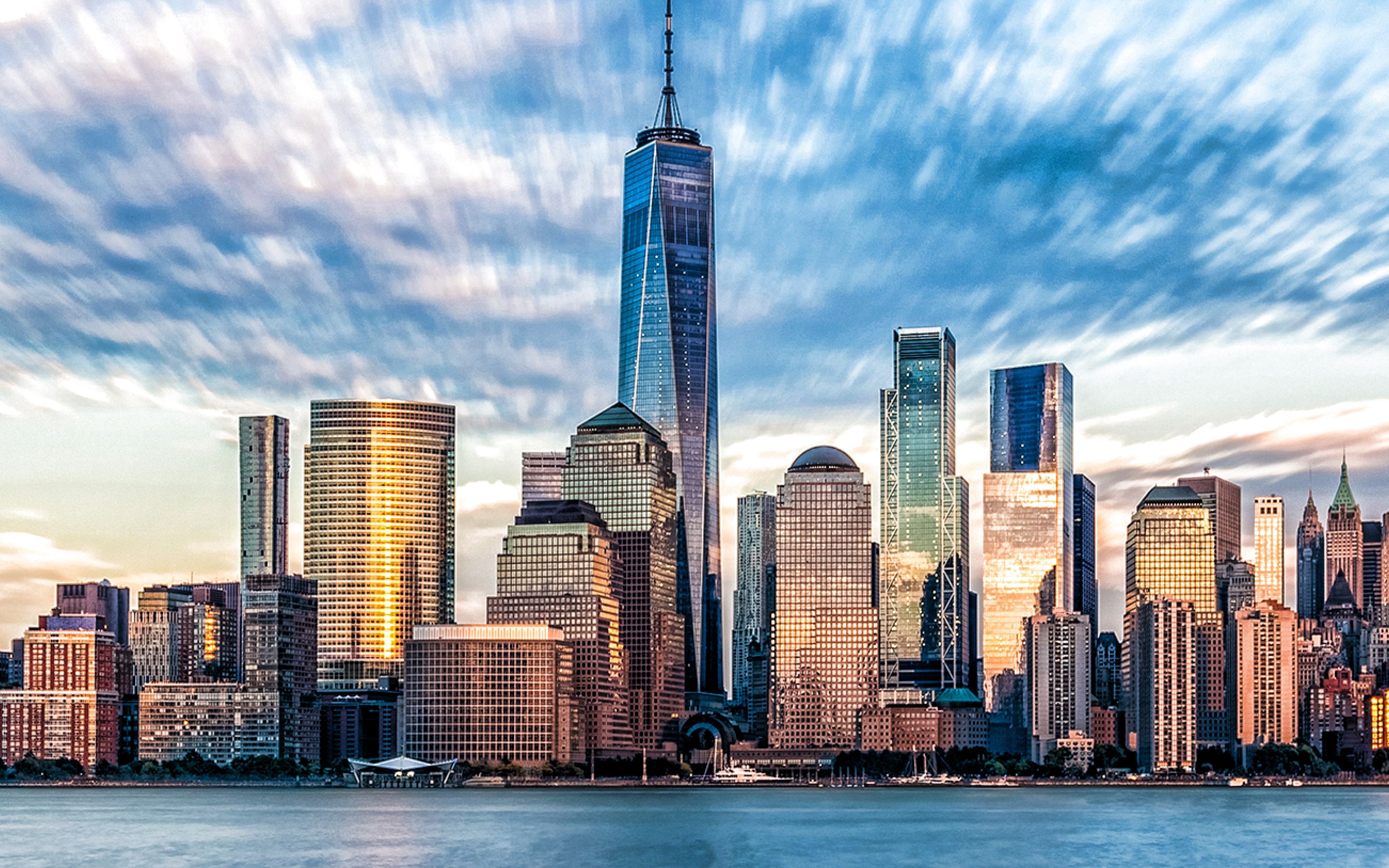 Download wallpaper One World Trade Center, One WTC, Freedom Tower, Manhattan, New York City, skyscrapers, panorama, New York skyline, New York cityscape, NYC, USA for desktop with resolution 2880x1800. High Quality HD