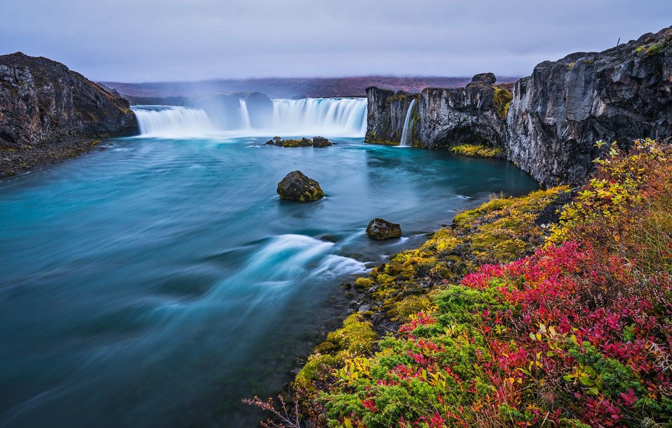 Wallpaper flowers, waterfall, spring, Iceland, Godafoss image for desktop, section пейзажи
