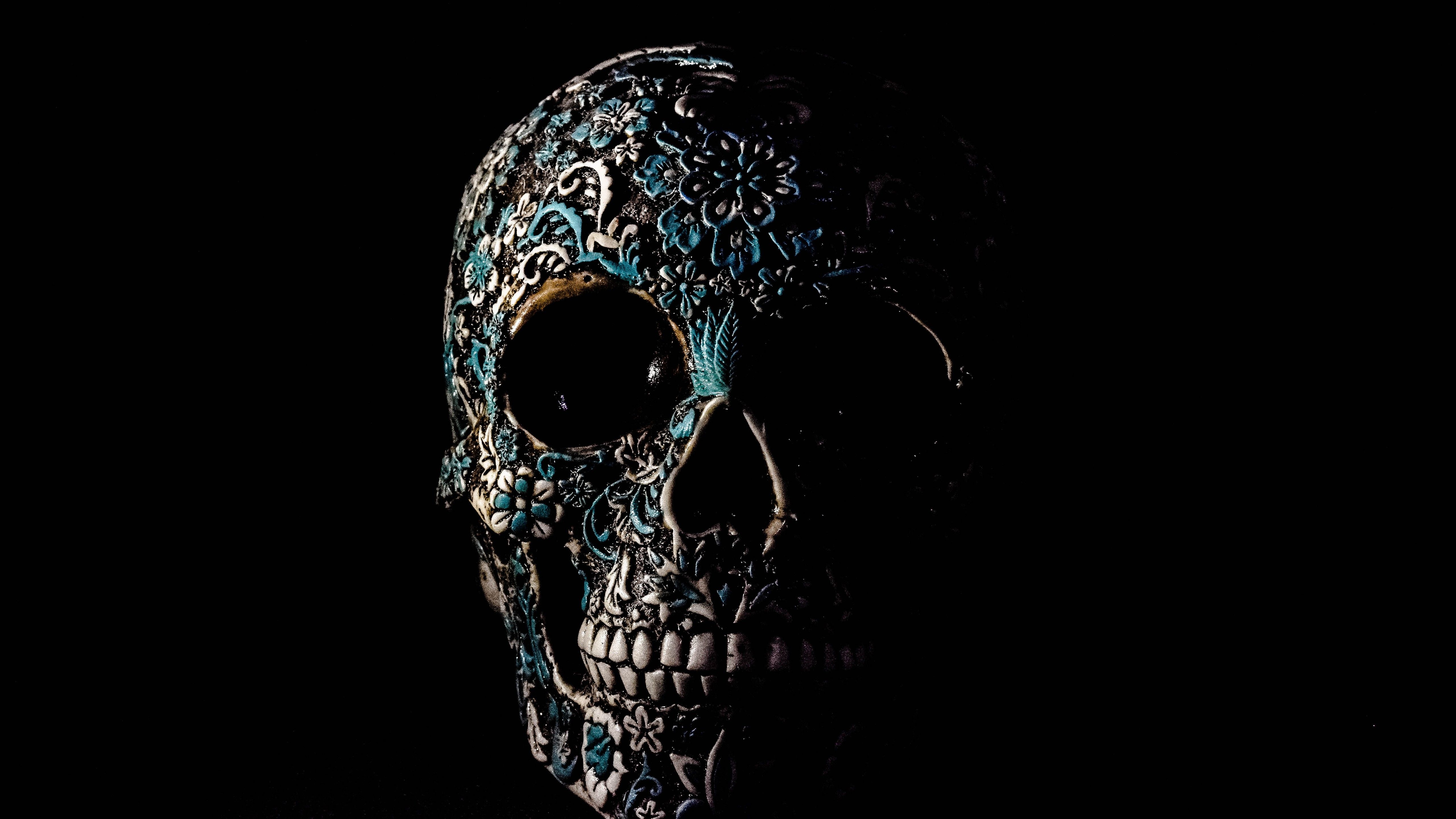 Skull 4K Wallpaper, Human, Skeleton, Black background, Art, 5K, Graphics CGI