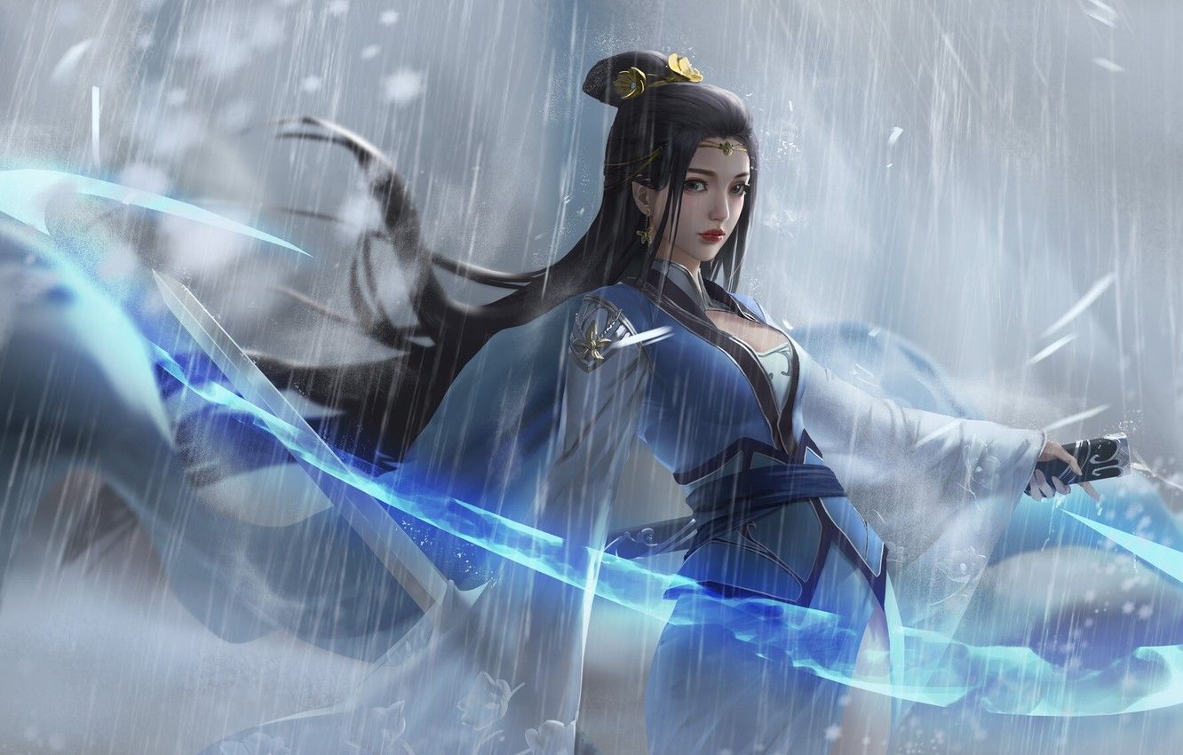 Photo Wallpaper Girl, Rain, Asian, Girl, Sword, Dress, Girl Blue Sword Art