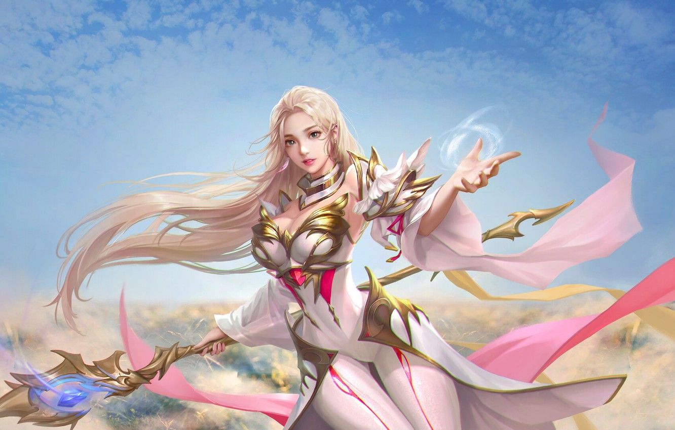 Wallpaper Girl, Fantasy, Asian, Fiction, Blonde, Magic, Dress, Staff, From There image for desktop, section арт