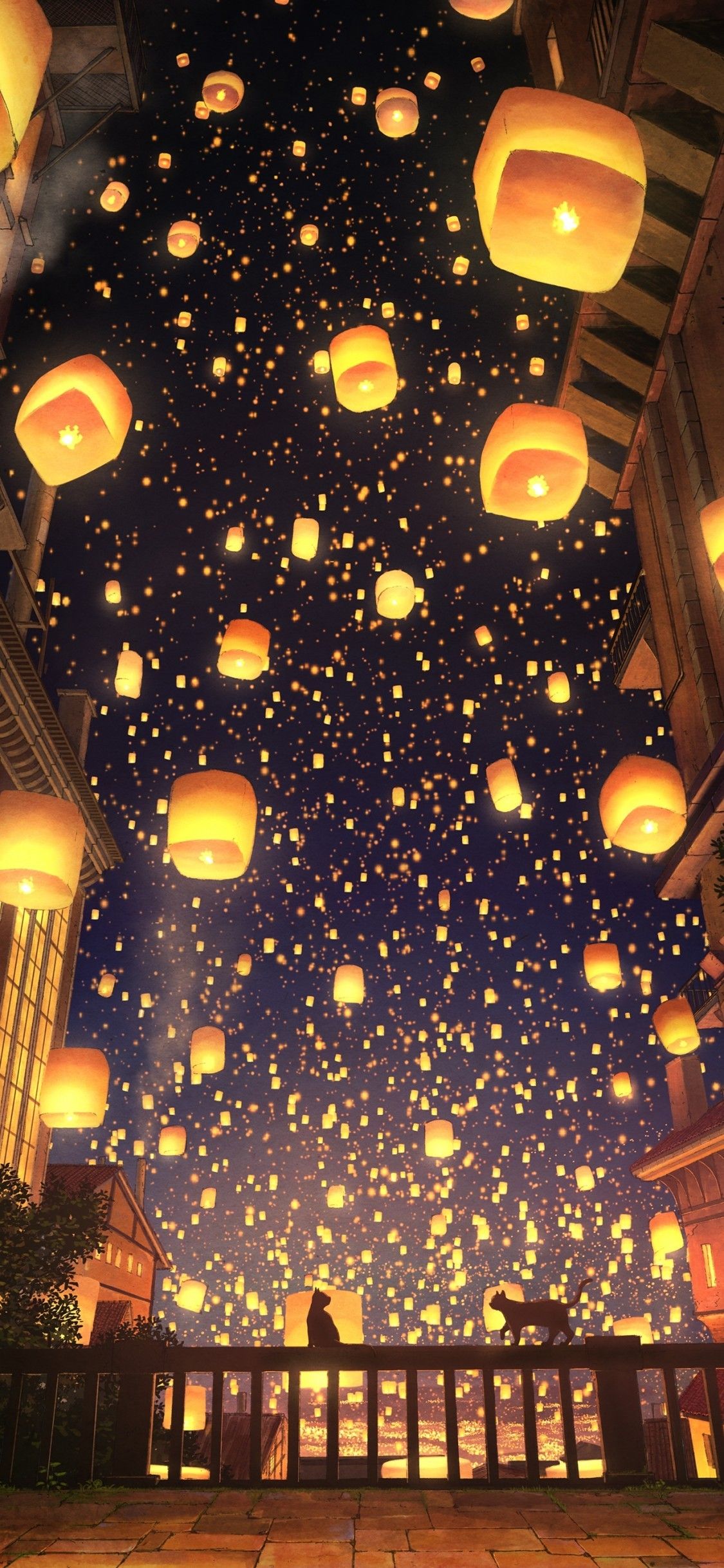 Download 1125x2436 Anime Festival, Lanterns, Night, Fence, Scenic, Cats, Mood Wallpaper for iPhone 11 Pro & X