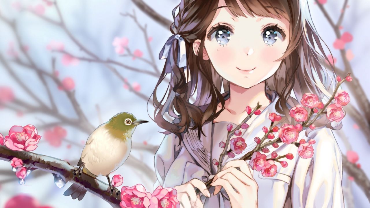 Desktop Wallpaper Birds, Cherry Blossom, Anime Girl, Cute, HD Image, Picture, Background, 37c751