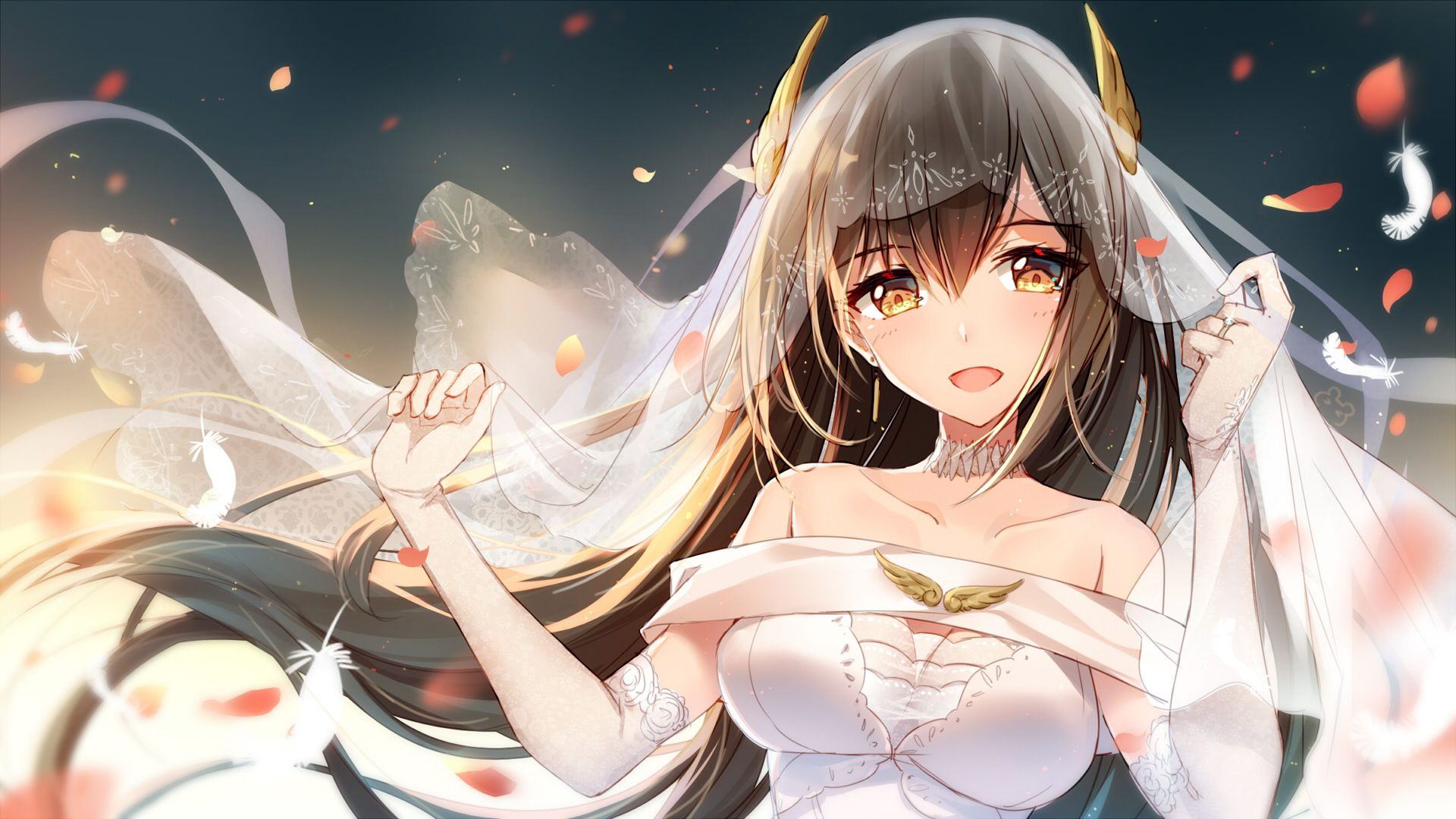 1920x1080 Orange Eyes, Smile, Anime, Hermes (Warship Girls), Wedding Dress, Warship Girls, Girl, Long Hair wallpaper JPG