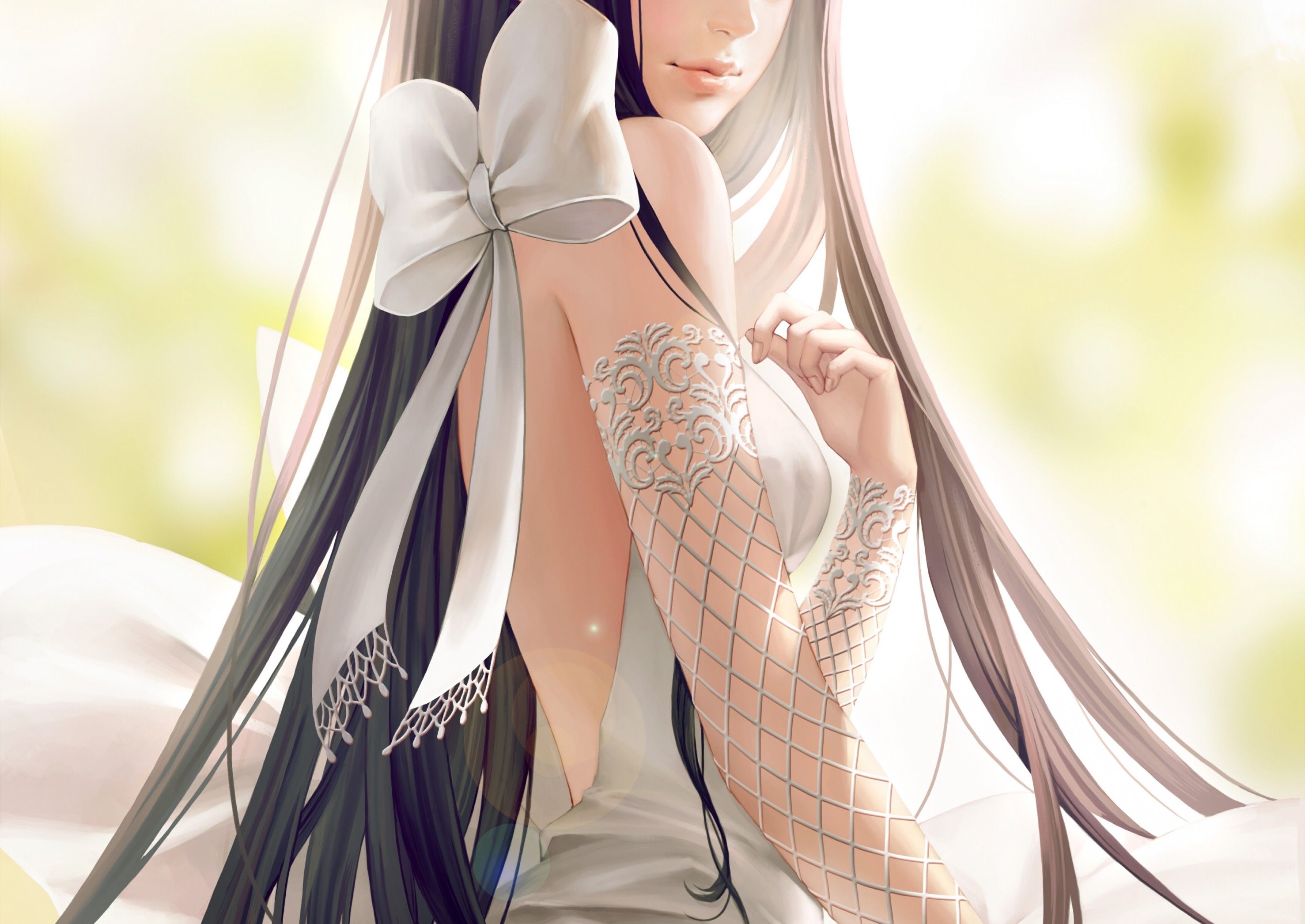 Download 2955x2093 Anime Girl, Bride, Wedding Dress, Semi Realistic, Black Hair, Sitting Wallpaper