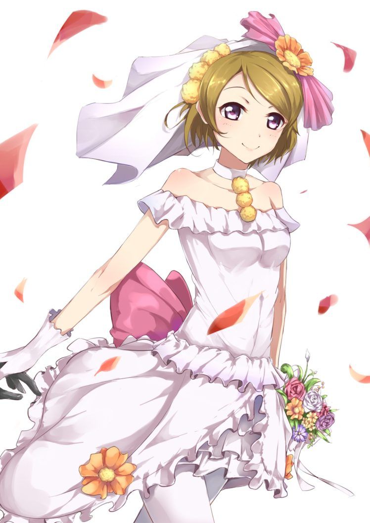 short hair, Purple eyes, Blonde, Anime, Anime girls, Love Live!, Koizumi Hanayo, Dress, Wedding dress, Flowers HD Wallpaper / Desktop and Mobile Image & Photo