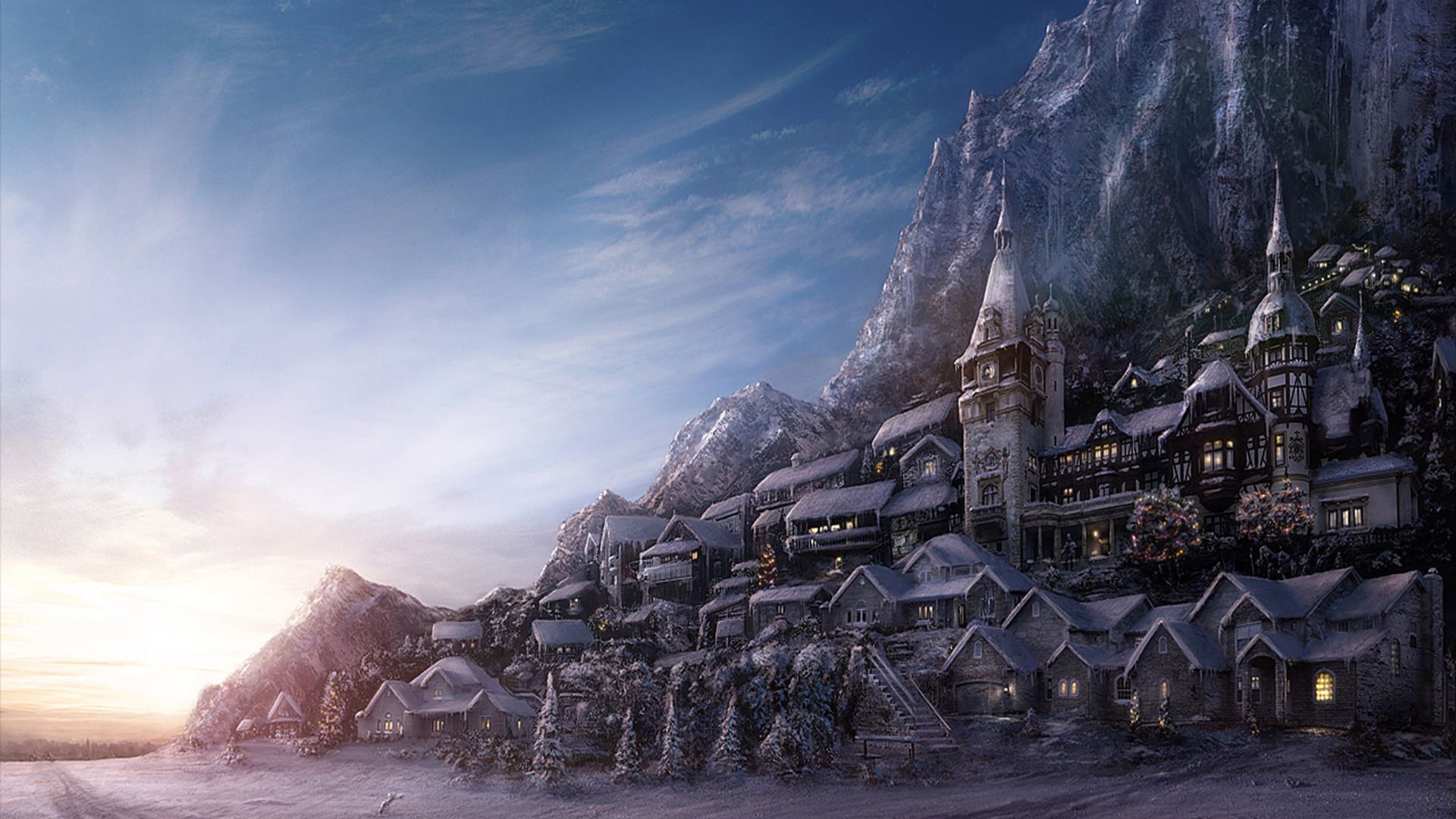 Winter Village Wallpaper. Fantasy town, Fantasy city, Fantasy landscape
